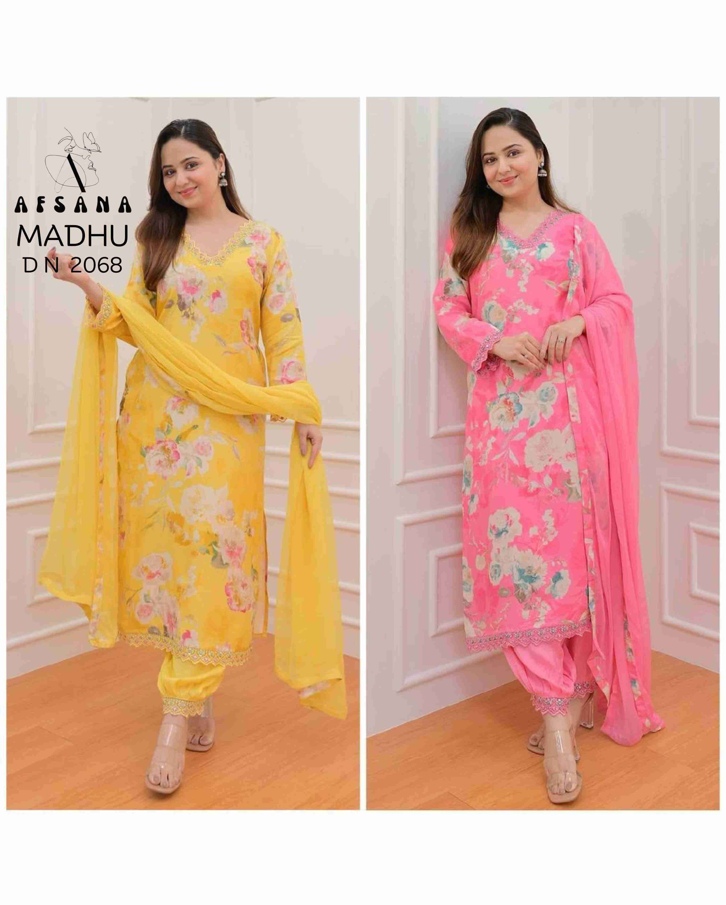 MADHU BY AFSANA 2068 & 2069 SERIES HEAVY MUSLIN PRINT WORK READYMADE DRESSES