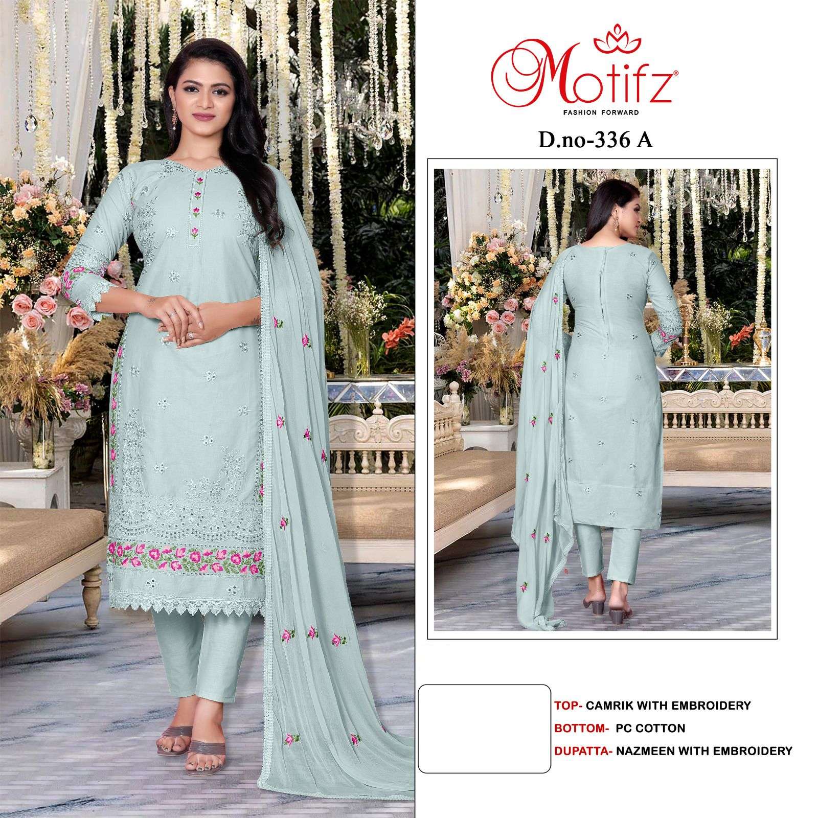 MOTIFZ 336 COLOURS BY MOTIFZ 336-A TO 336-D SERIES CAMBRIC WORK PAKISTANI DRESSES