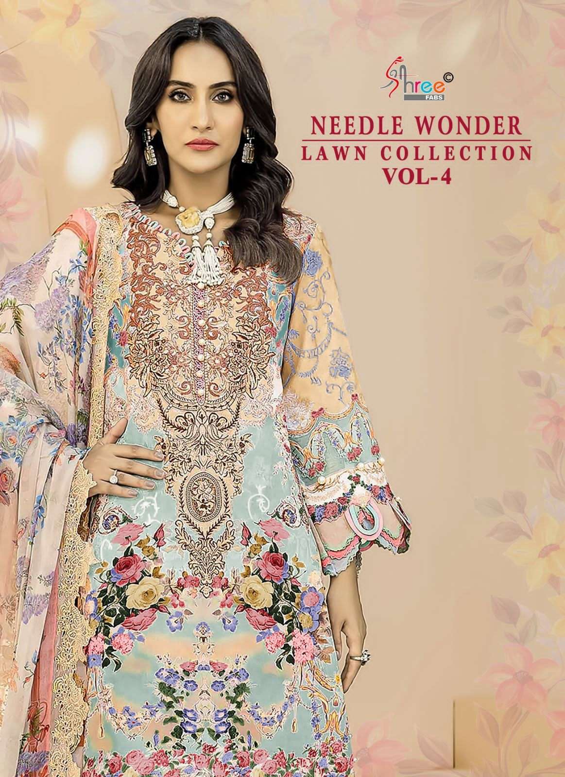 NEEDLE WONDER LAWN COLLECTON VOL-4 BY SHREE FABS 3384 TO 3389 COTTON PRINT WORK DRESSES