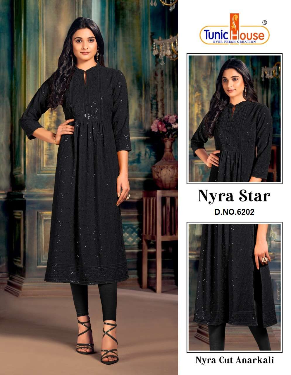 NYRA STAR BY TUNIC HOUSE 6202 TO 6210 SERIES VISCOSE RAYON EMBROIDERY WORK KURTIS