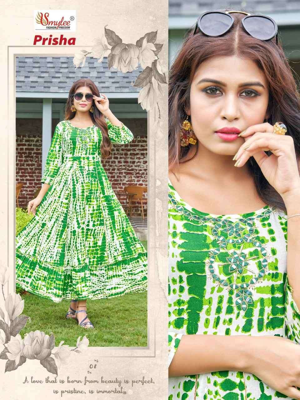 PRISHA BY SMYLEE 01 TO 08 SERIES RAYON PRINT EMBROIDERY WORK GOWNS