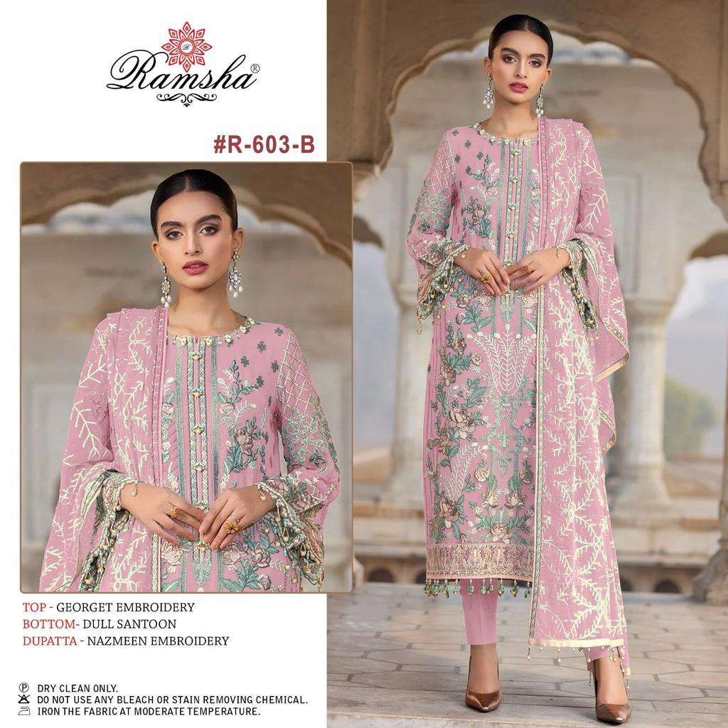 R-603 COLOURS BY RAMSHA 603-A TO 603-D SERIES GEORGETTE EMBROIDERY PAKISTANI DRESSES