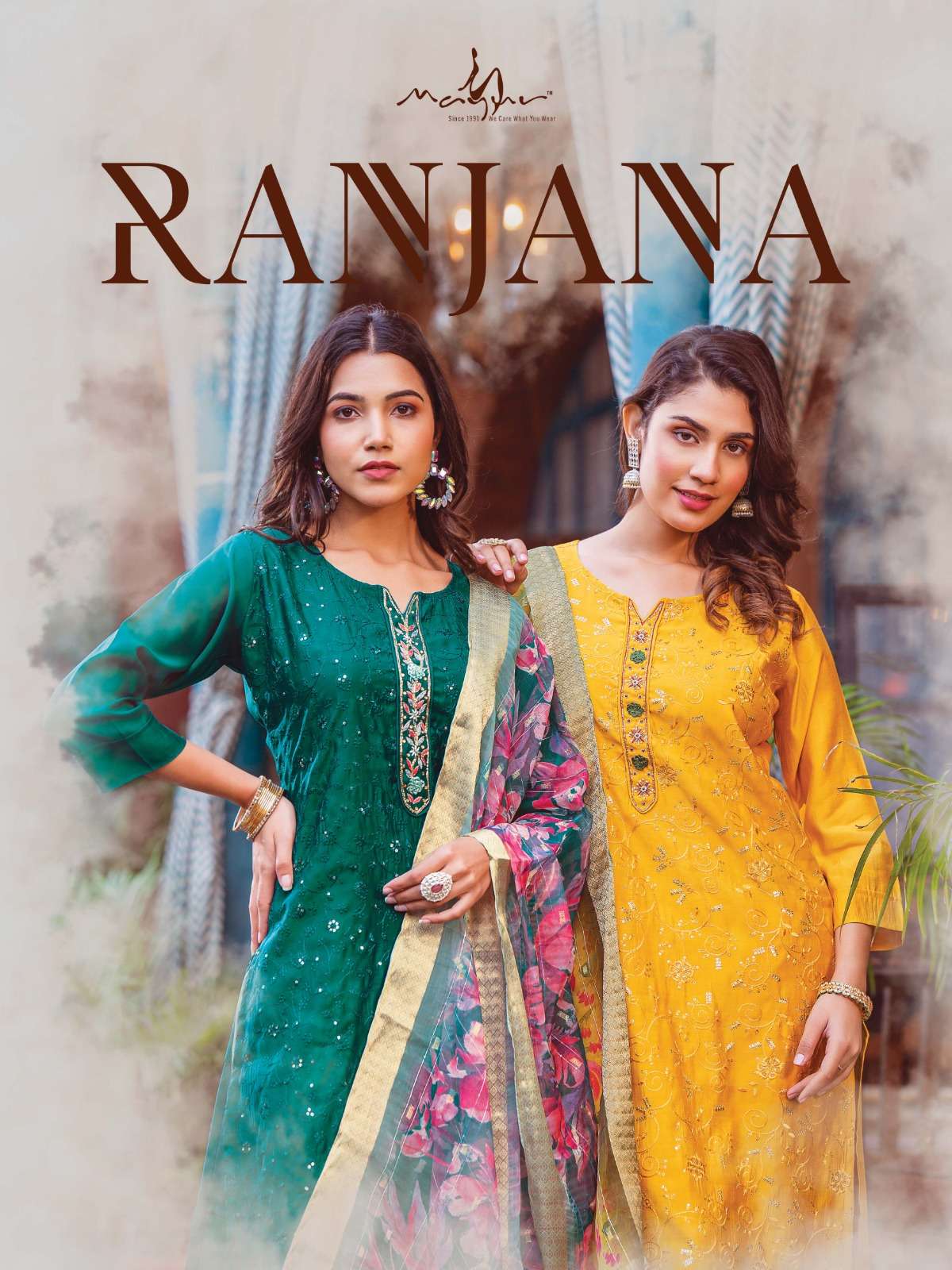 RANJANA BY MAYUR 101 TO 106 SERIES HEAVY ROMAN SILK EMBROIDERY WORK READYMADE DRESSES