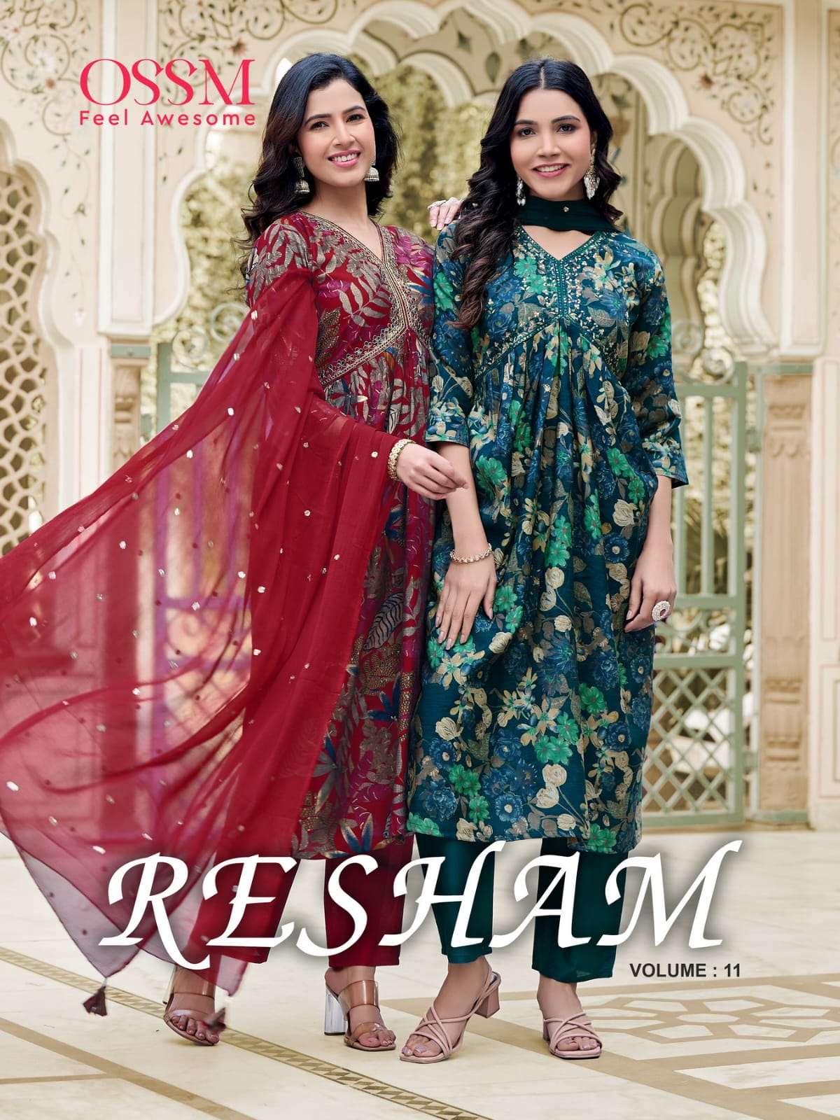 RESHAM VOL-11 BY OSSM 1101 TO 1106 SERIES CHANDERI PRINT WORK READYMADE DRESSES