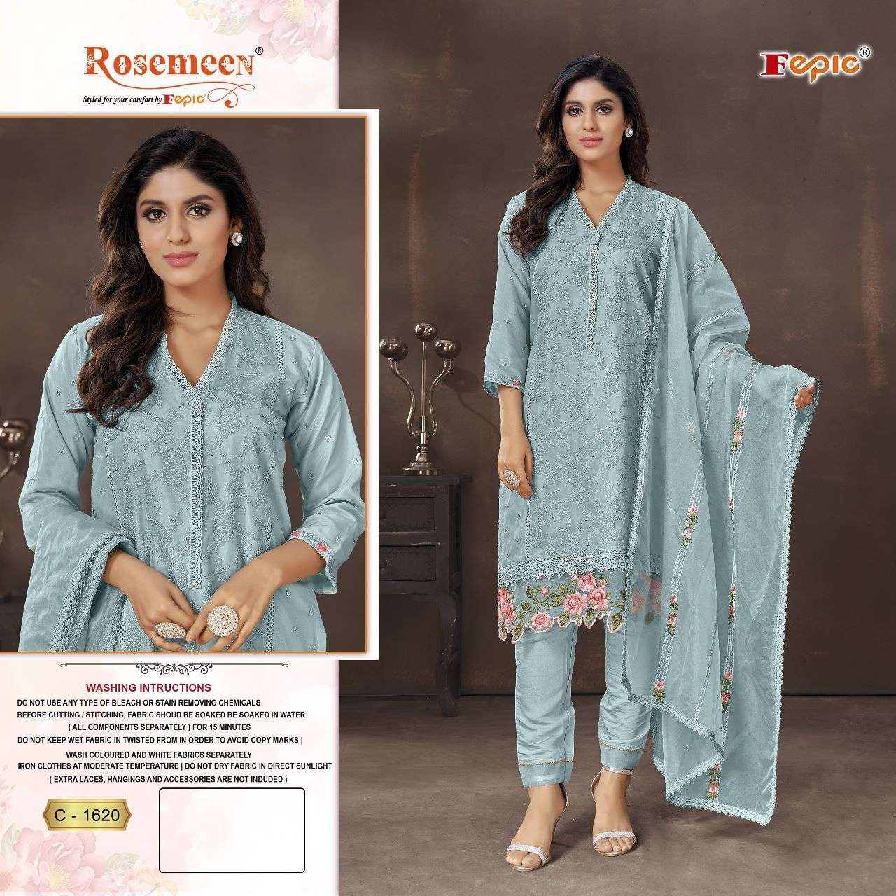 ROSEMEEN 1620 COLOURS BY FEPIC 1620-A TO 1620-C SERIES ORGANZA WORK PAKISTANI DRESSES