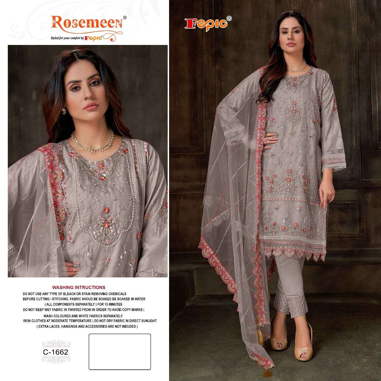 ROSEMEEN 1662 COLOURS BY FEPIC 1662-A TO 1662-C SERIES ORGANZA WORK PAKISTANI DRESSES