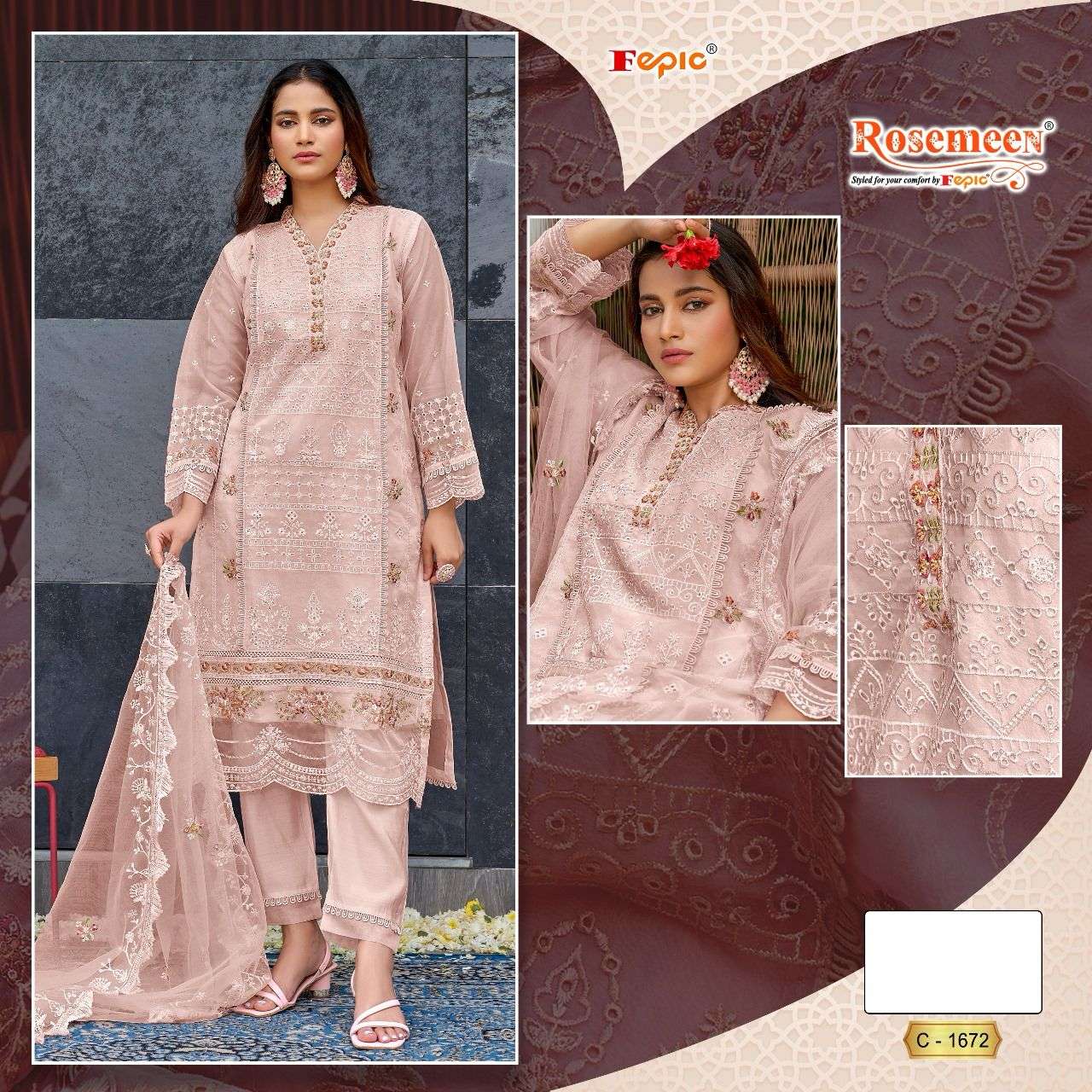 ROSEMEEN 1672 COLOURS BY FEPIC 1672-A TO 1672-C SERIES ORGANZA WORK PAKISTANI DRESSES