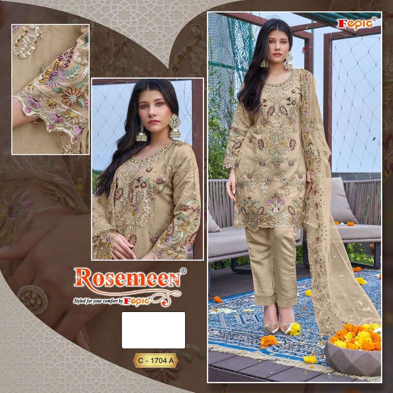 ROSEMEEN 1704-A TO 1704-C SERIES BY FEPIC ORGANZA HEAVY WORK PAKISTANI DRESSES