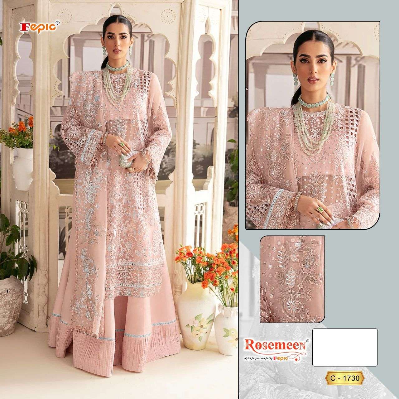 ROSEMEEN 1730 COLOURS BY FEPIC 1730-A TO 1730-D SERIES ORGANZA WORK PAKISTANI DRESSES