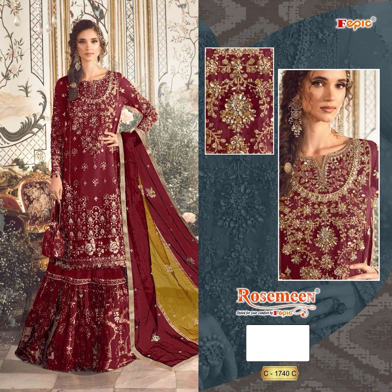 ROSEMEEN 1740 COLOURS BY FEPIC 1740-A TO 1740-C SERIES ORGANZA WORK PAKISTANI DRESSES