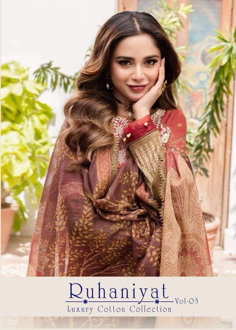 RUHANIYAT VOL-3 BY AQSAWHOLESALE 3001 TO 3006 PURE COTTON PRINT PAKISTANI DRESSES