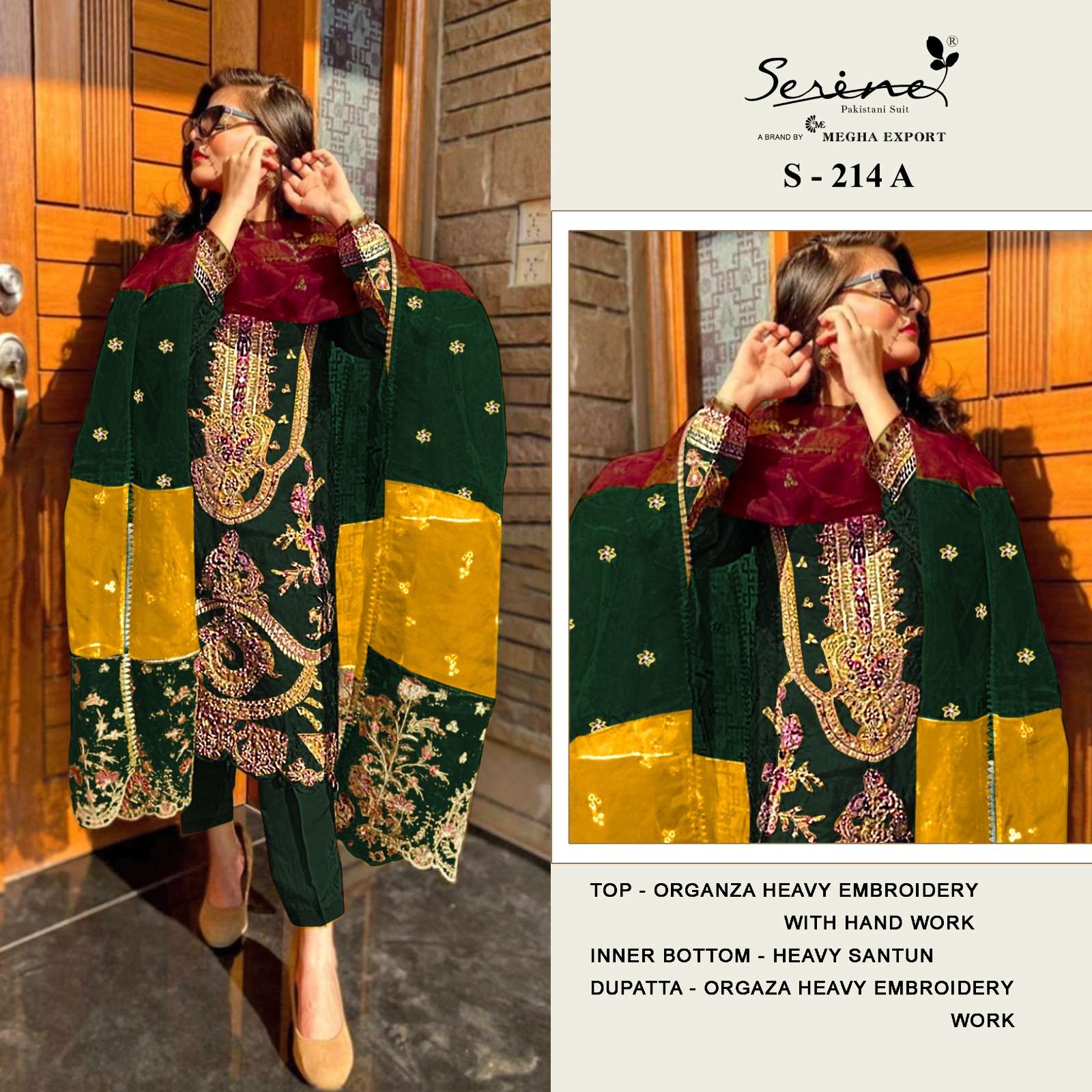 S-214 COLOURS BY SERINE 214-A TO 214-D SERIES ORGANZA EMBROIDERY WORK PAKISTANI DRESSES