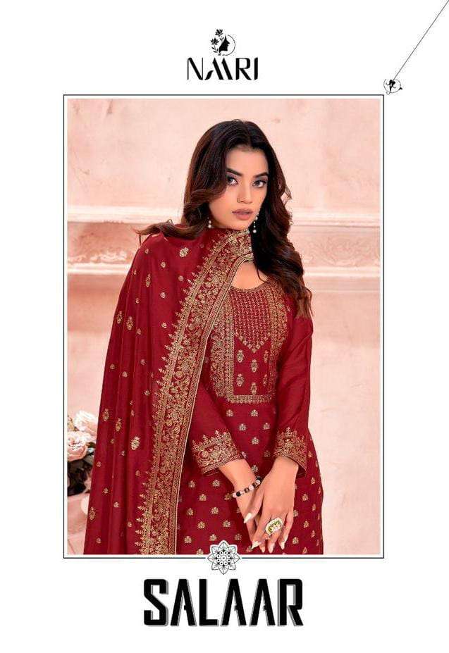 SALAAR BY NAARI 57001 TO 57004 SERIES MUSLIN JACQUARD HEAVY WORK DRESSES