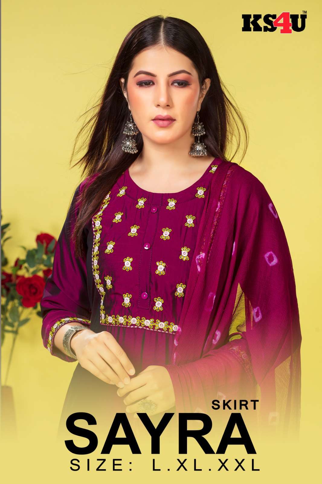 SAYRA BY KS4U 101 TO 104 SERIES HEAVY FANCY PRINT WORK READYMADE SKIRT SUITS 