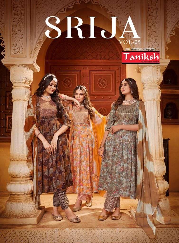 SRIJA VOL-5 BY TANIKSH 5001 TO 5008 SERIES RAYON PRINT EMBROIDERY READYMADE DRESSES