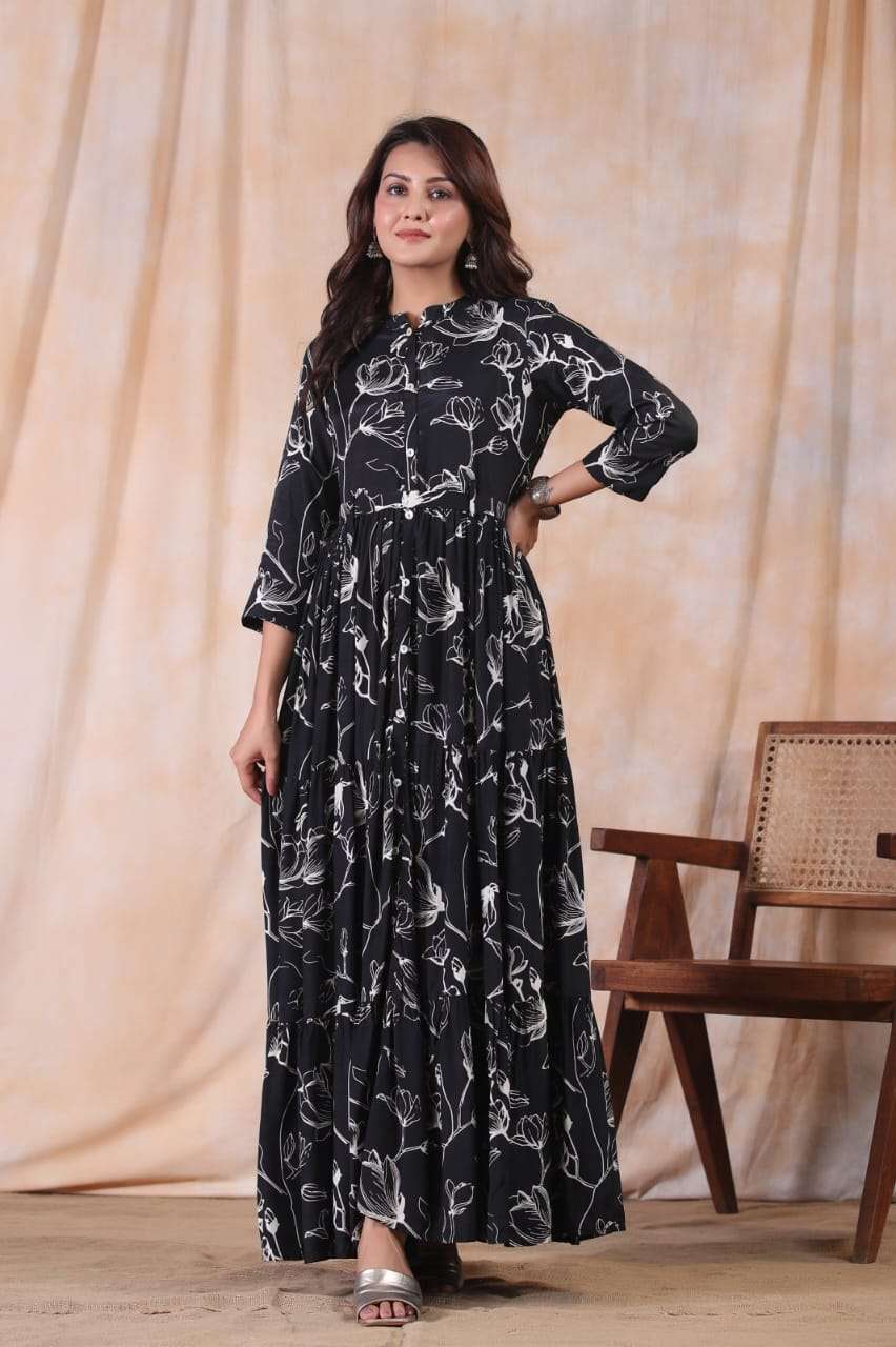 TRENDY BLACK BY AQSAWHOLESALE RUSSIAN SILK PRINT WORK GOWN