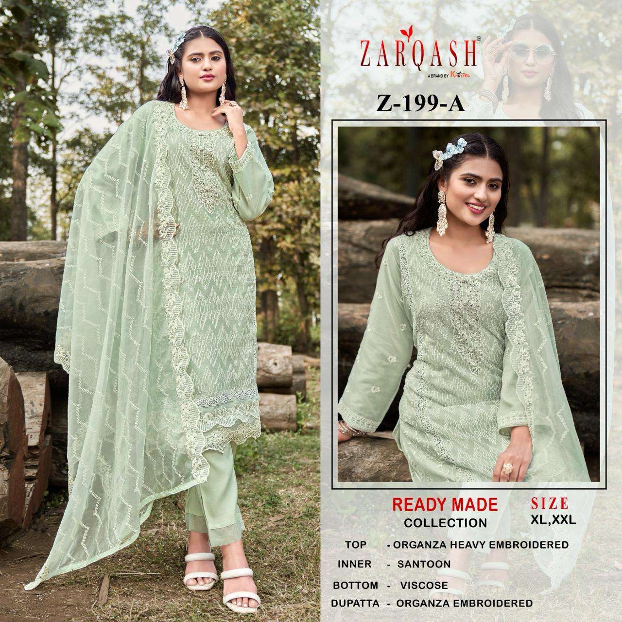 Z-199 COLOURS B ZARQASH 199-A TO 199-C SERIES ORGANZA HEAV WORK READMADE DRESSES