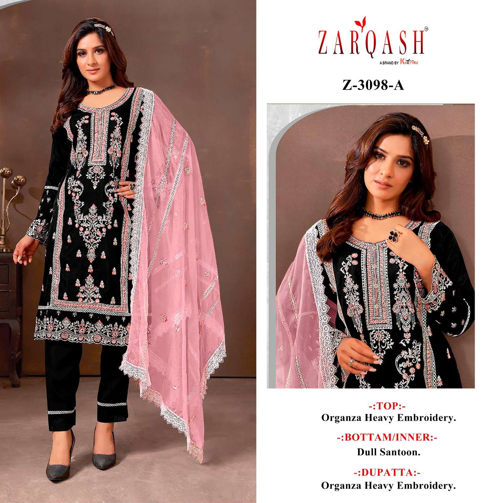 Z-3098 COLOURS BY ZARQASH 3098-A TO 3098-D SERIES ORGANZA EMBROIDERY WORK DRESSES