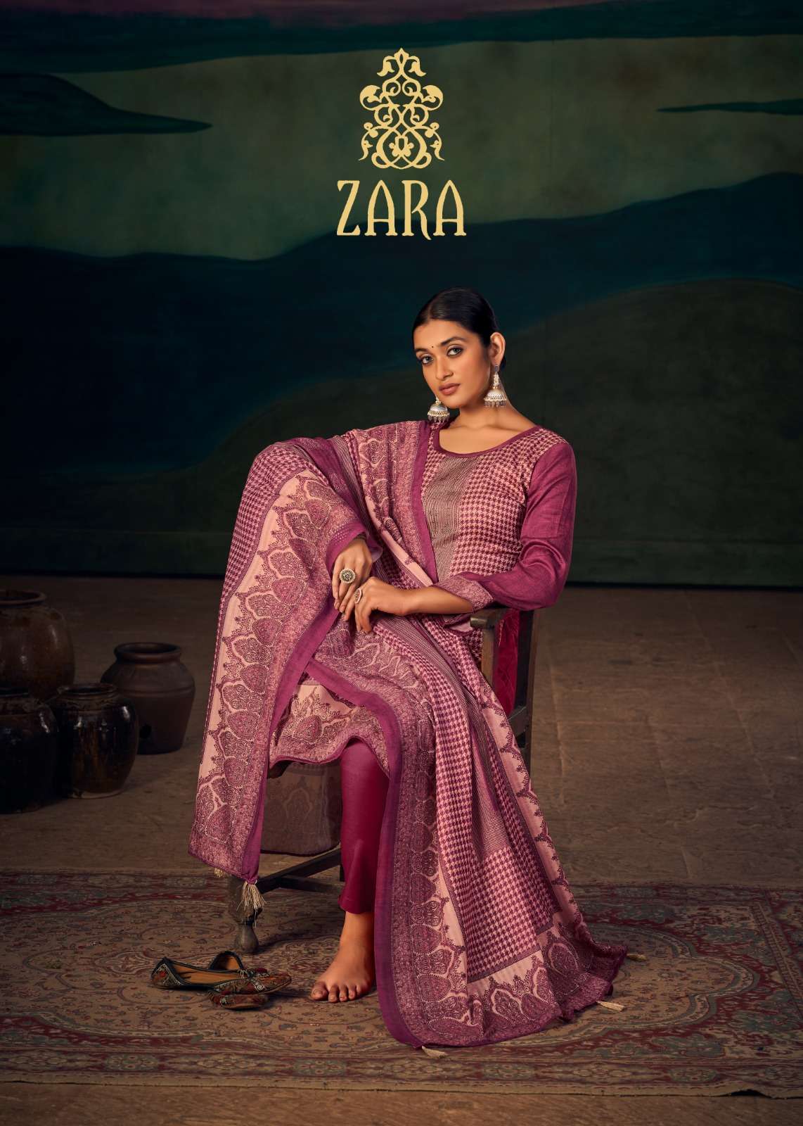 ZARA BY AQSAWHOLESALE 1001 TO 1007 SERIES JAM SATIN PRINT EMBROIDERY WORK DRESSES