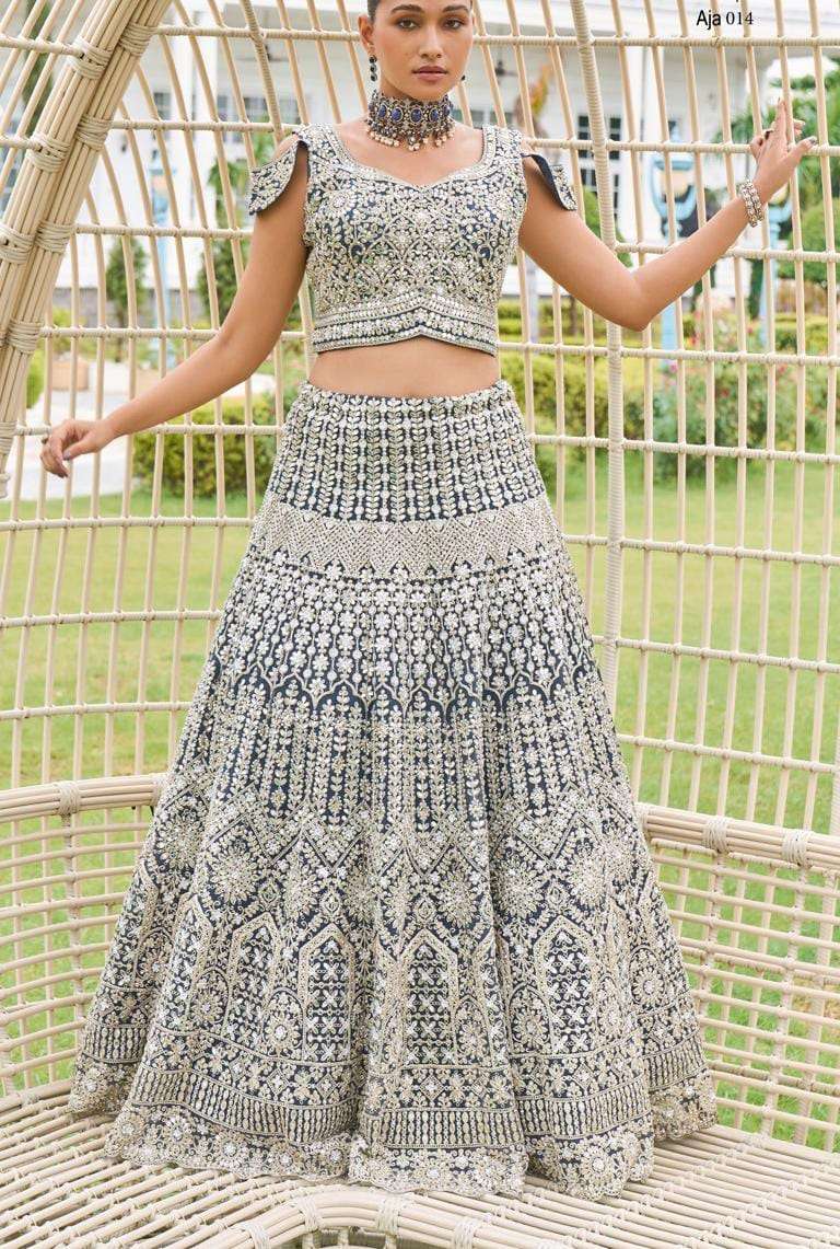 AJA 014 HIT DESIGN BY AQSAWHOLESALE DESIGNER FABRIC HEAVY WORK CROP-TOP LEHENGA