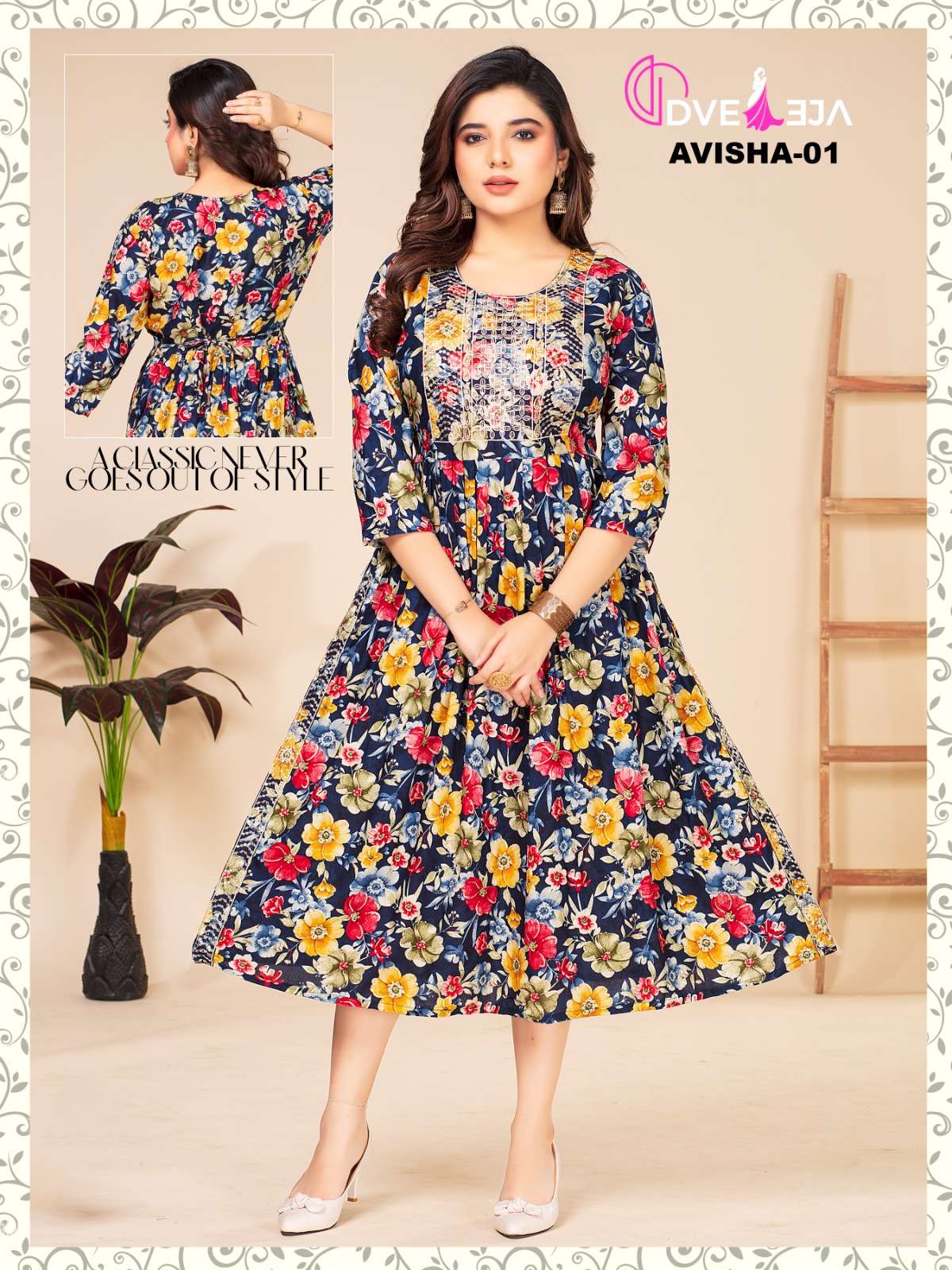 AVISHA BY DVEEJA 01 TO 16 SERIES RAYON FOIL PRINT EMBROIDERY WORK KURTIS