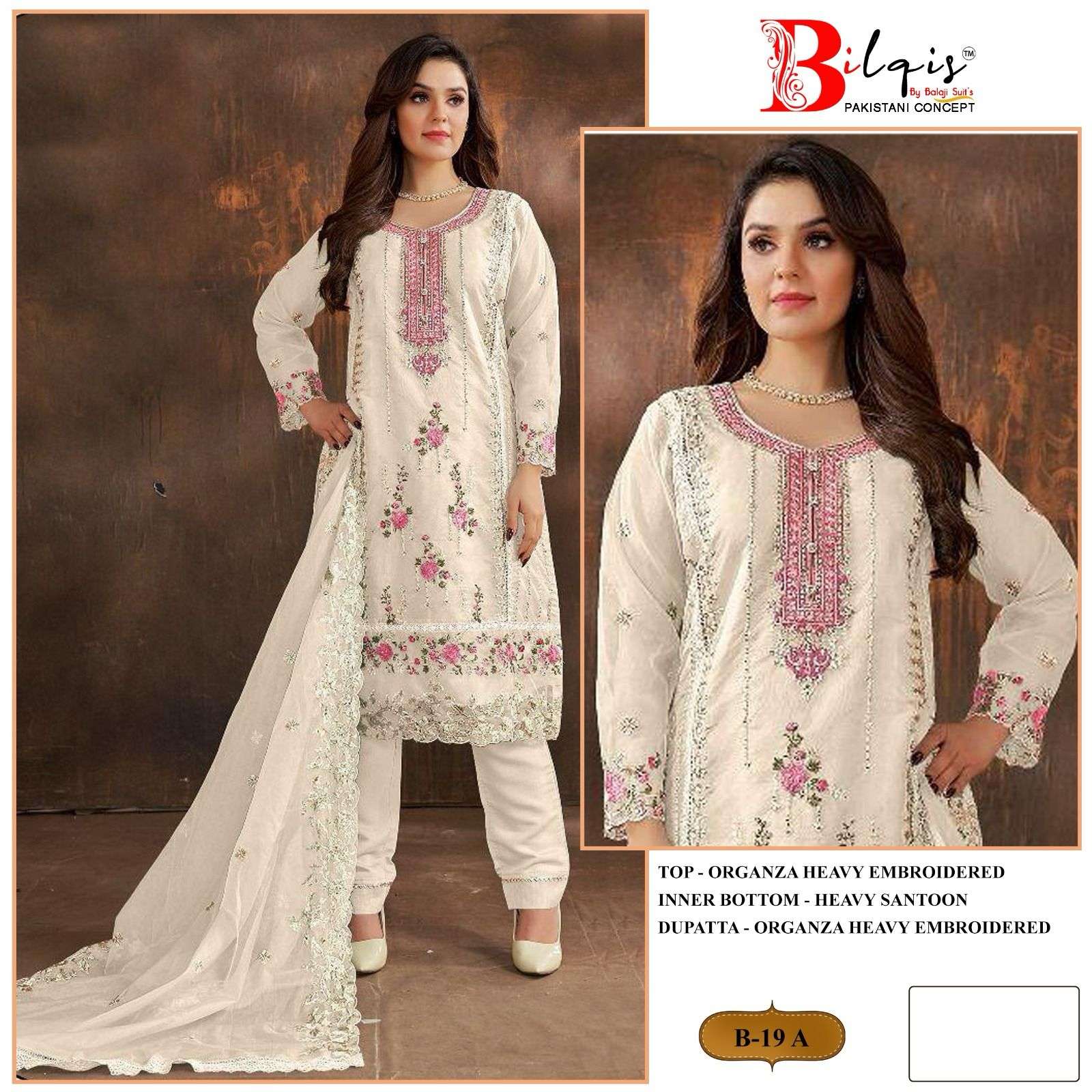 BILQIS B-19 COLOURS BY AQSAWHOLESALE ORGANZA EMBROIDERY WORK PAKISTANI DRESSES