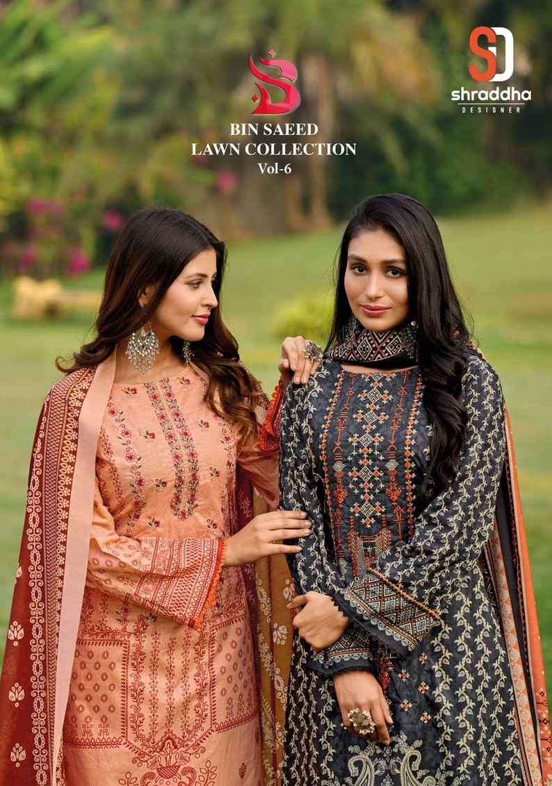 BIN SAEED LAWN COLLECTION VOL-6 BY SHRADDHA DESIGNER COTTON EMBROIDERY WORK DRESSES