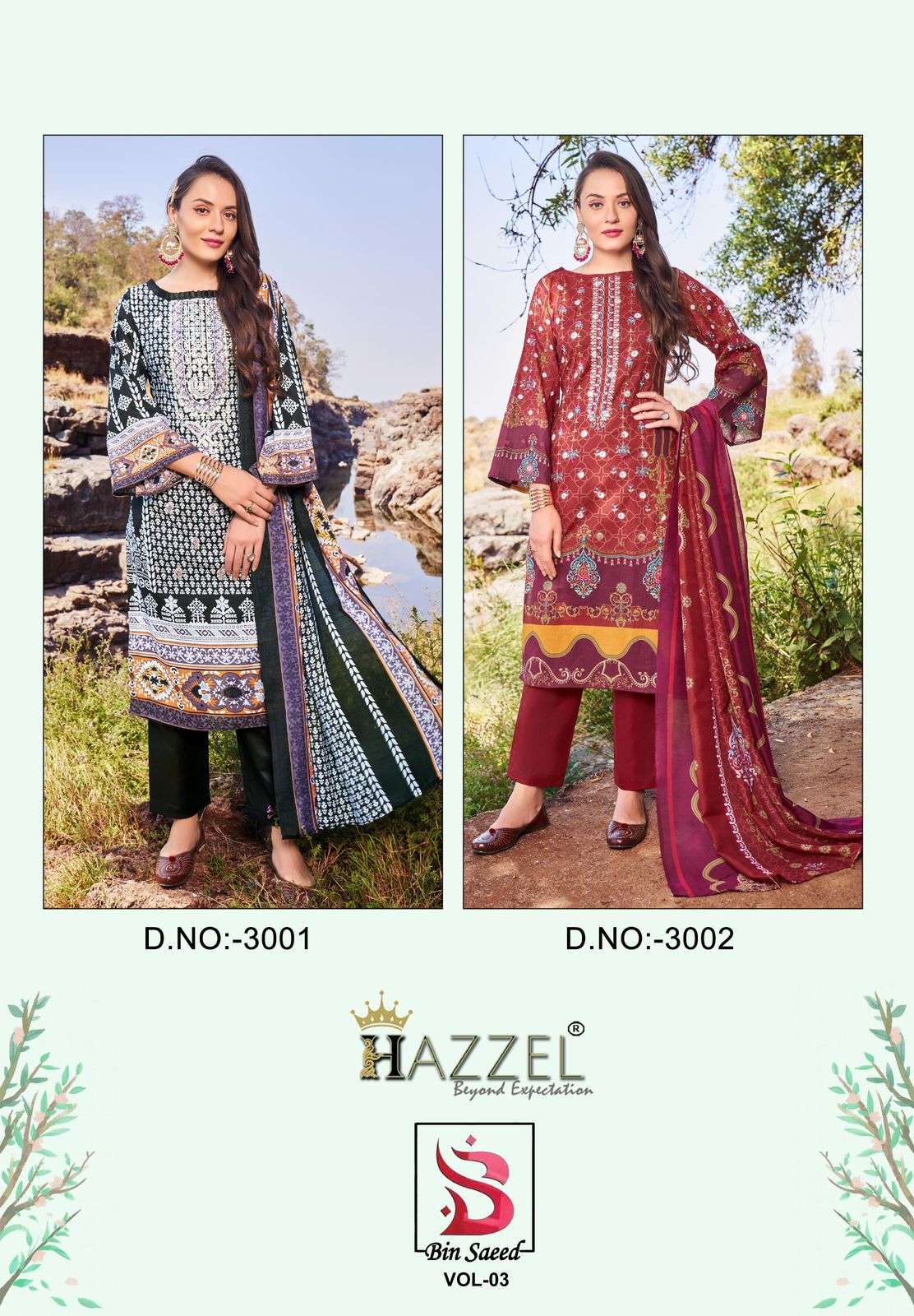 BIN SAEED VOL-3 BY HAZZEL 3001 & 3002 SERIES PURE LAWN COTTON PRINT WORK DRESSES