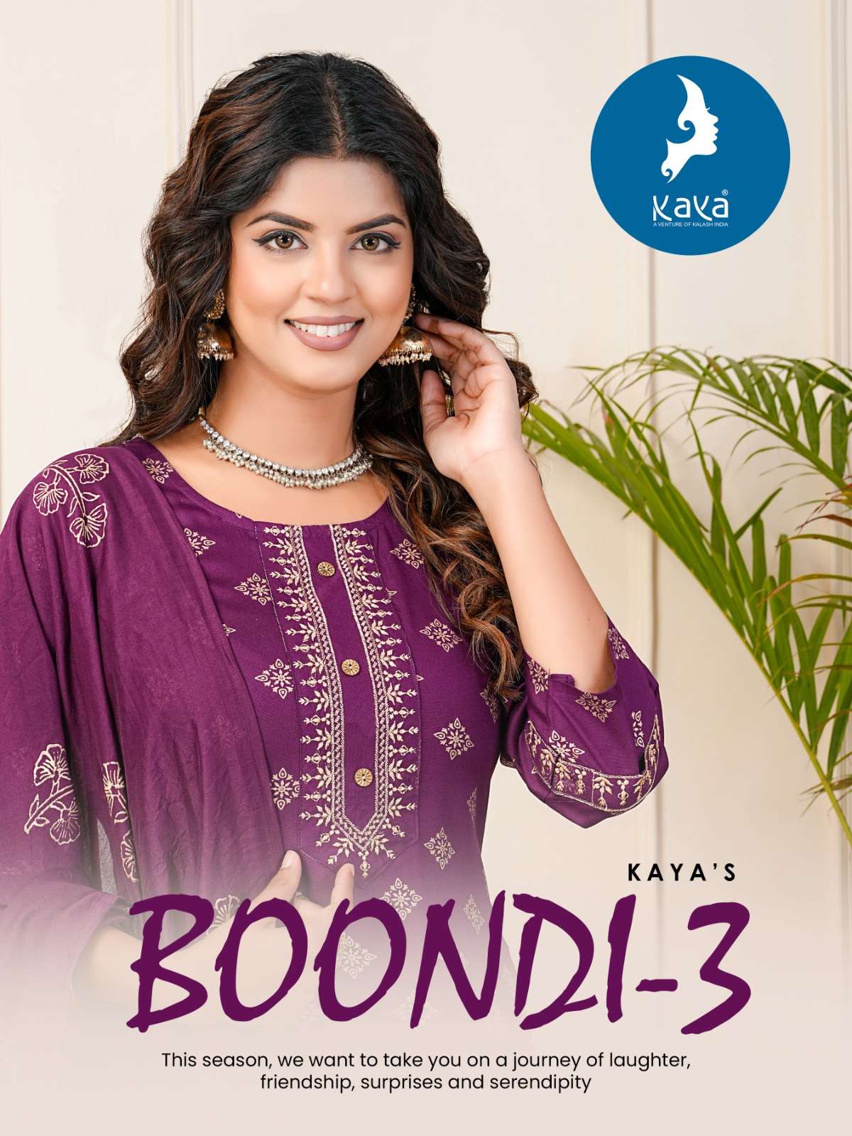 BOONDI VOL-3 BY KAYA 01 TO 08 SERIES RAYON CHANDERI PRINT WORK READYMADE DRESSES