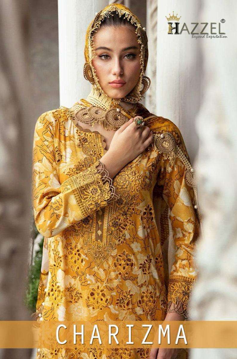 CHARZMA BY HAZZEL 1001 TO 1006 SERIES LAWN COTTON PRINT WORK PAKISTANI DRESSES