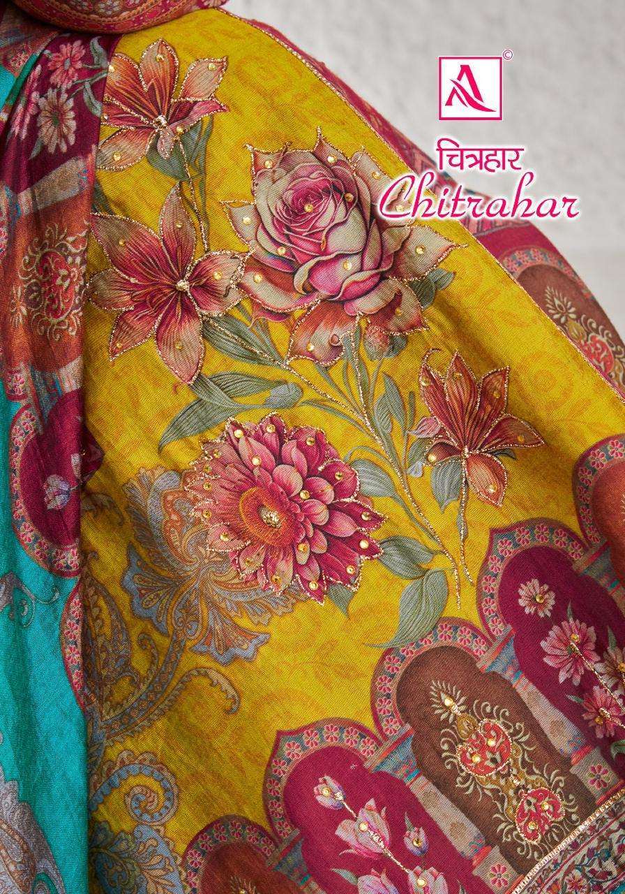 CHITRAHAR BY ALOK SUIT 1404-001 TO 1404-005 SERIES VISCOSE MUSLIN PRINT WORK DRESSES