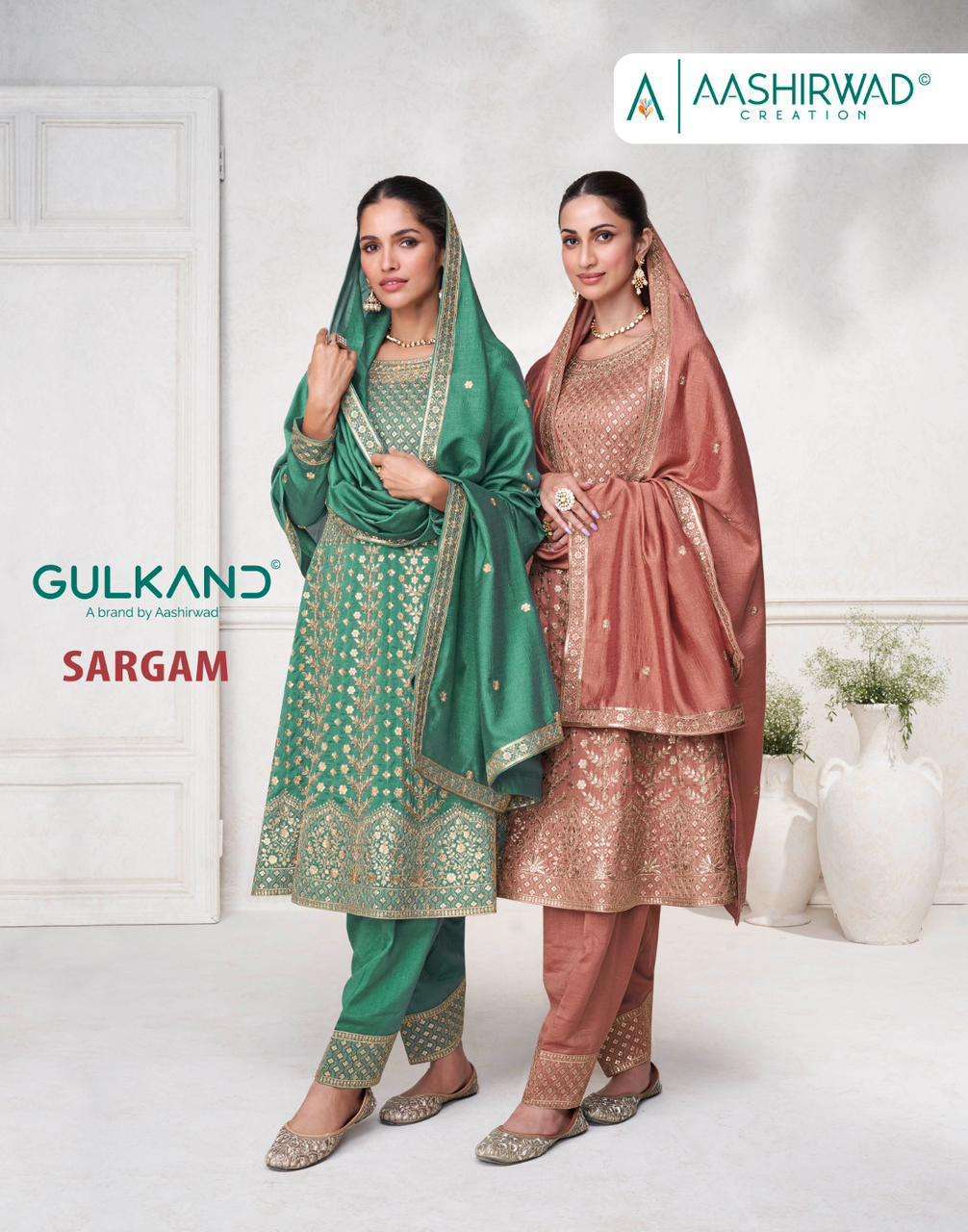 GULKAND SARGAM BY AASHIRWAD CREATION 9844 TO 9847 SERIES SILK WORK READYMADE DRESSES