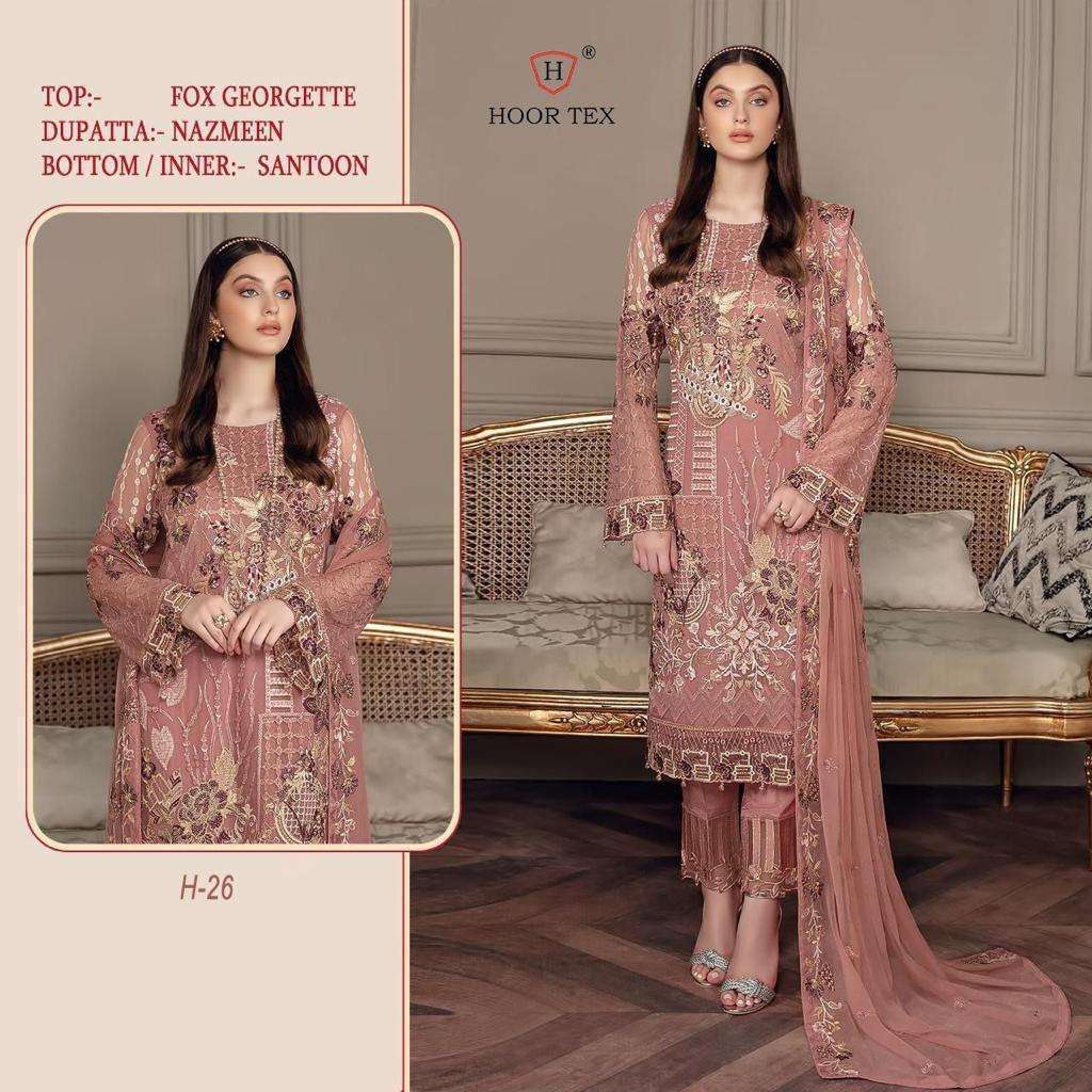 H-26 HIT DESIGN BY HOOR TEX FAUX GEORGETTE EMBROIDERY WORK PAKISTANI DRESS