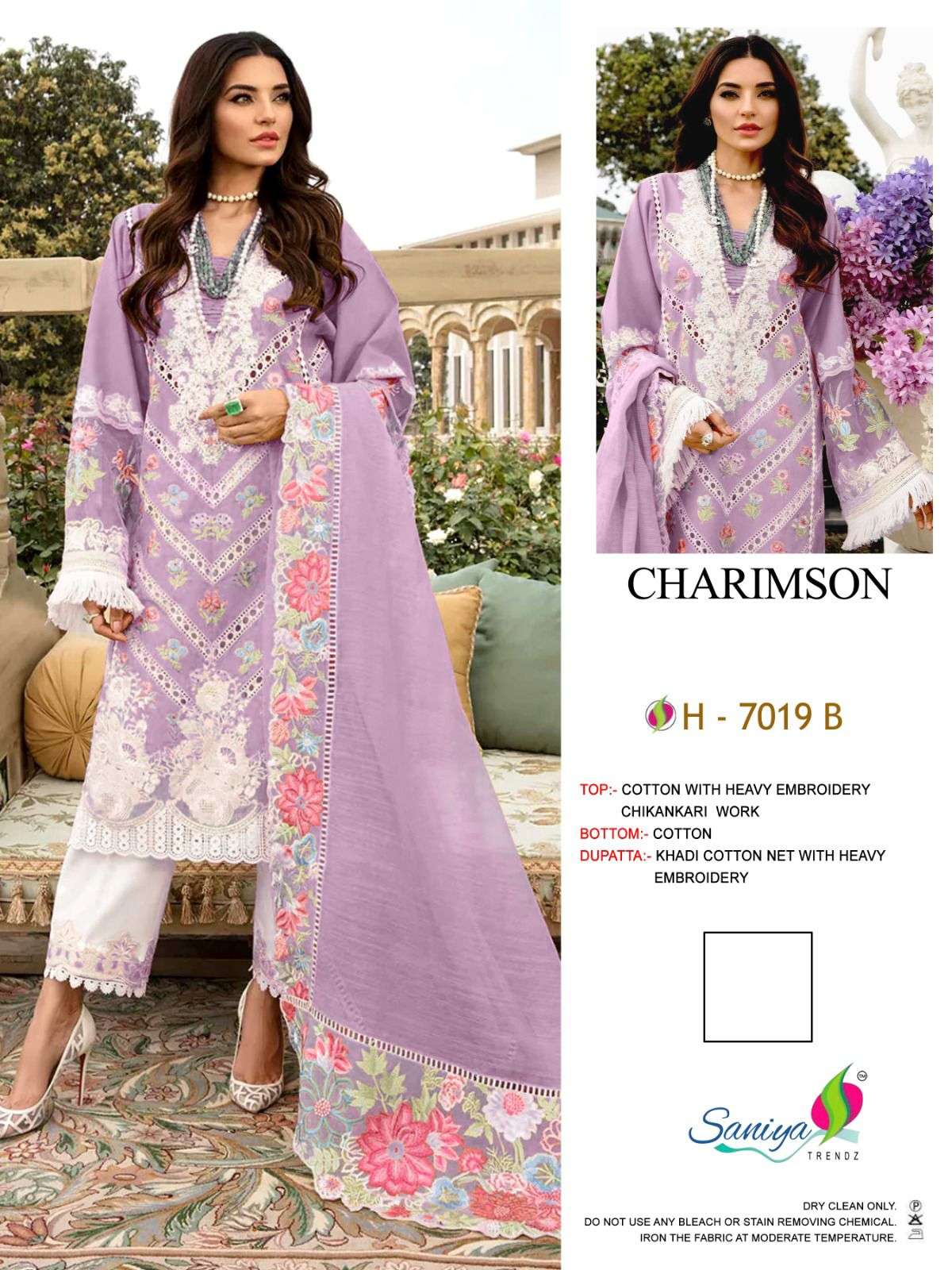 H-7019 HIT DESIGN BY SANIYA TRENDZ COTTON CHIKANKARI EMBROIDERY WORK PAKISTANI DRESS