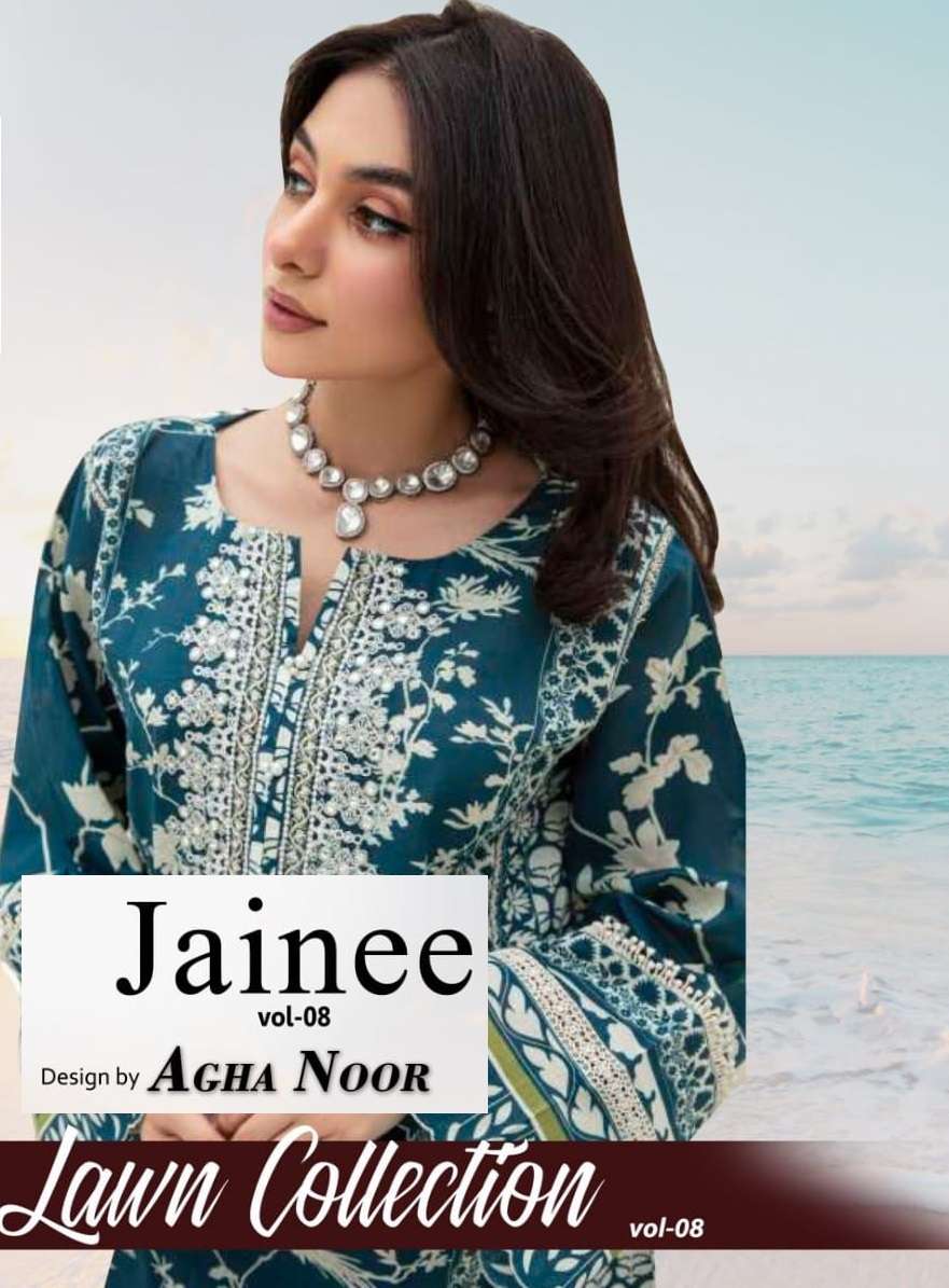 JAINEE VOL-8 BY AGHA NOOR 8001 TO 8006 SERIES LAWN COTTON PRINT PAKISTANI DRESSES