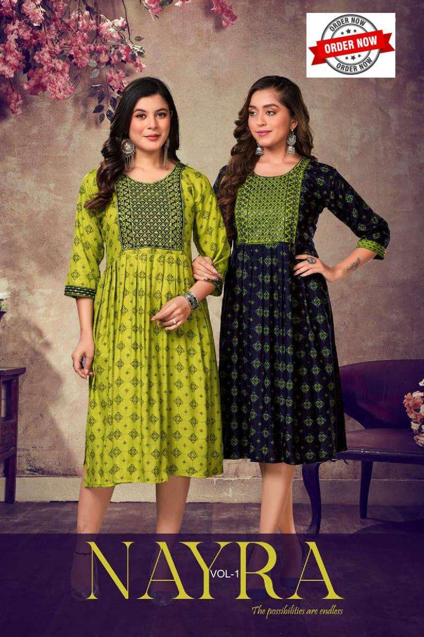 JLF NAYRA VOL-1 BY AQSAWHOLESALE 1001 TO 1008 SERIES RAYON PRINT KURTIS