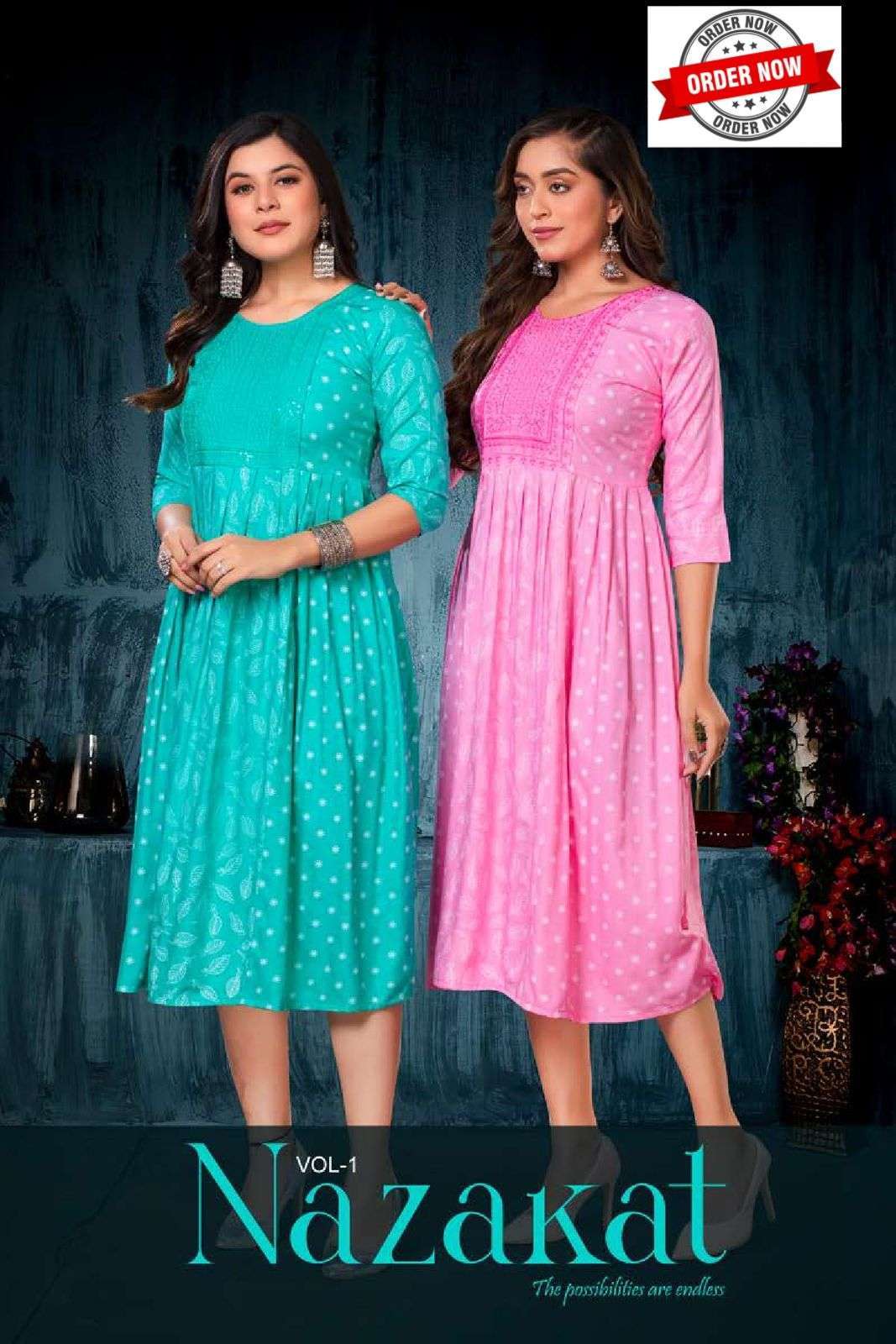 JLF NAZAKAT VOL-1 BY AQSAWHOLESALE 1001 TO 1008 SERIES RAYON PRINT WORK KURTIS