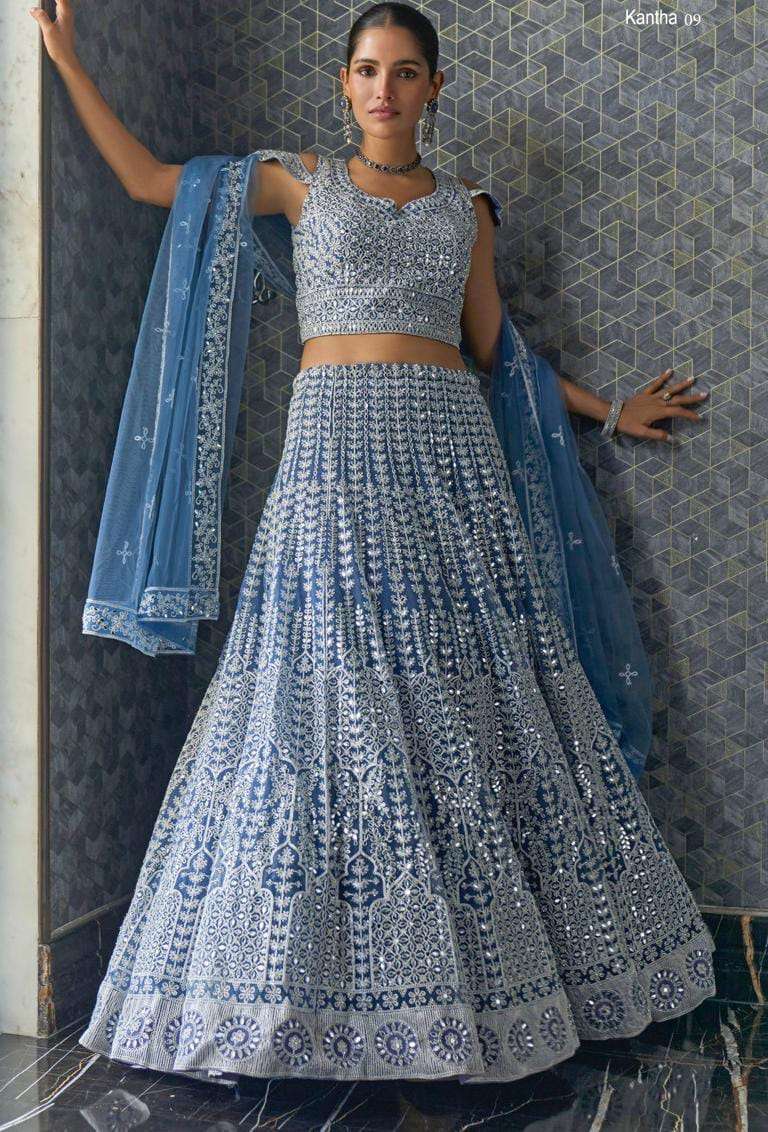 KANTHA 09 HIT DESIGN BY AQSAWHOLESALE DESIGNER FABRIC HEAVY WORK CROP-TOP LEHENGA