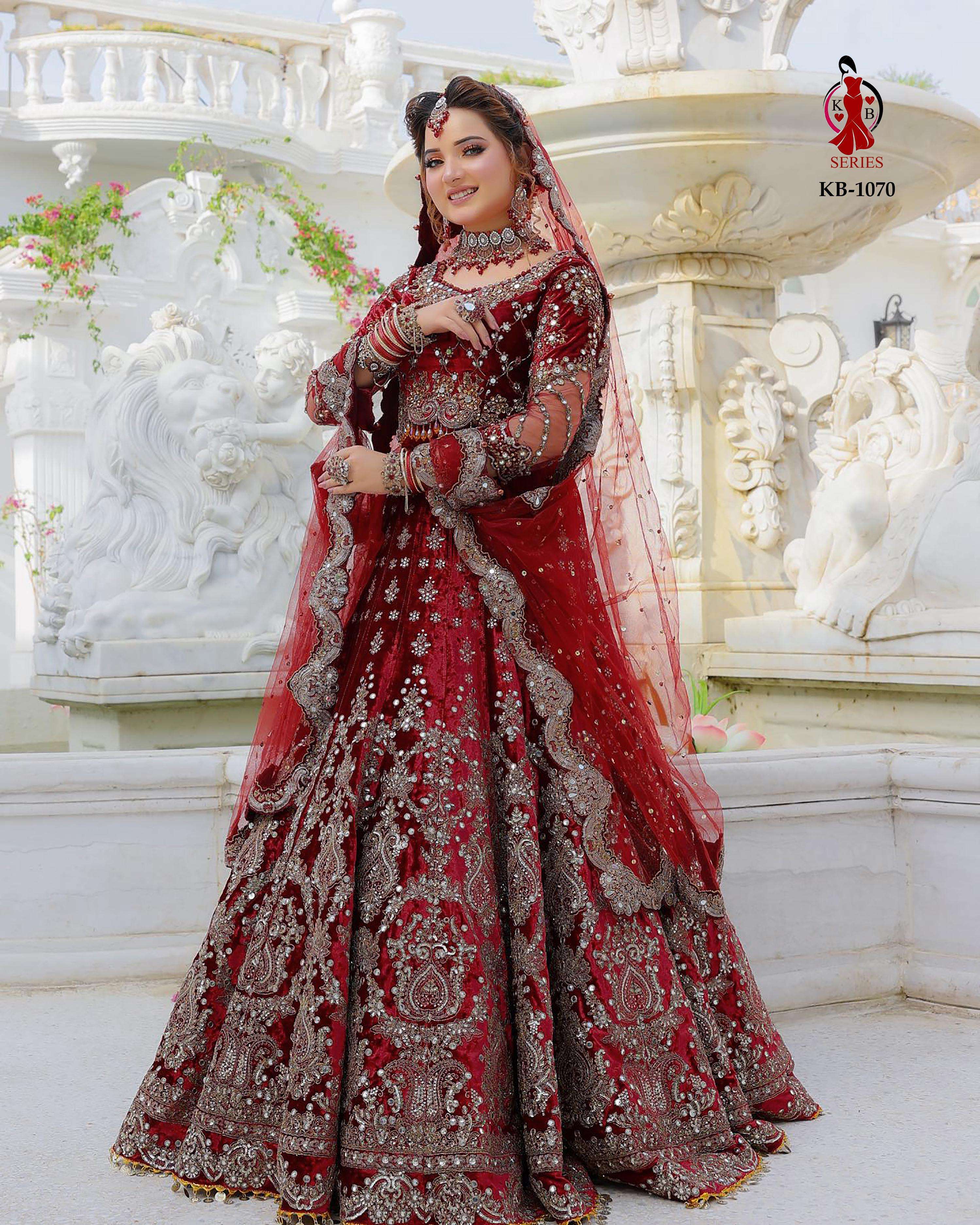 KB-1070 COLOURS BY AQSAWHOLESALE VELVET HEAVY EMBROIDERY WORK BRIDAL LEHENGAS