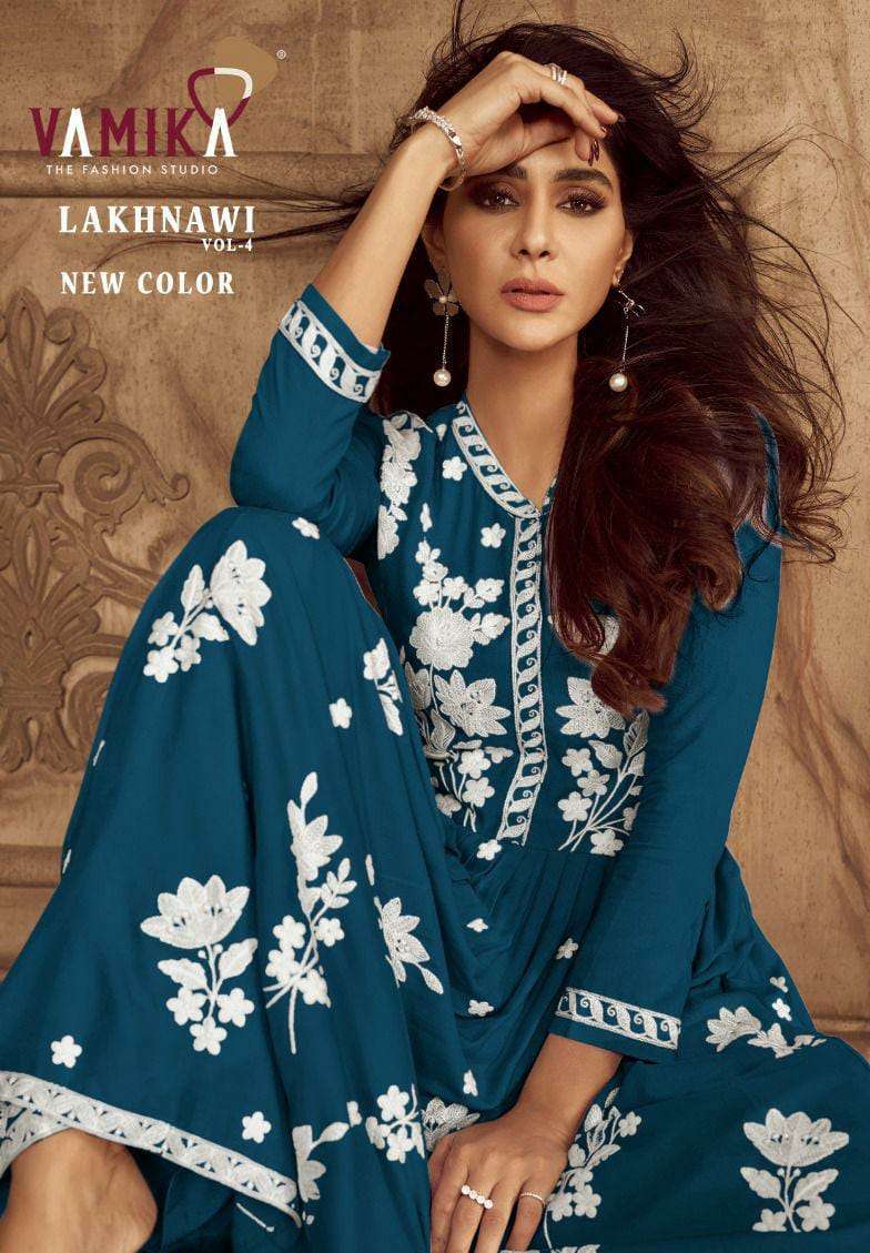 LAKHNAWI VOL-4 NEW COLOR BY VAMIKA 1024-P TO 1024-T SERIES RAYON WORK READYMADE DRESSES