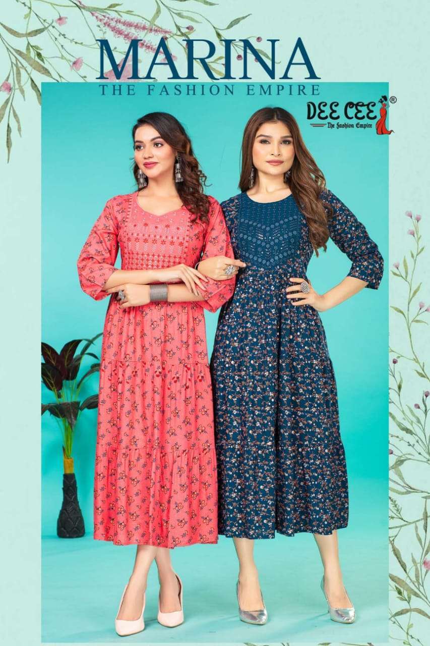 MARINA BY DEE CEE 101 TO 106 SERIES RAYON PRINT WORK KURTIS