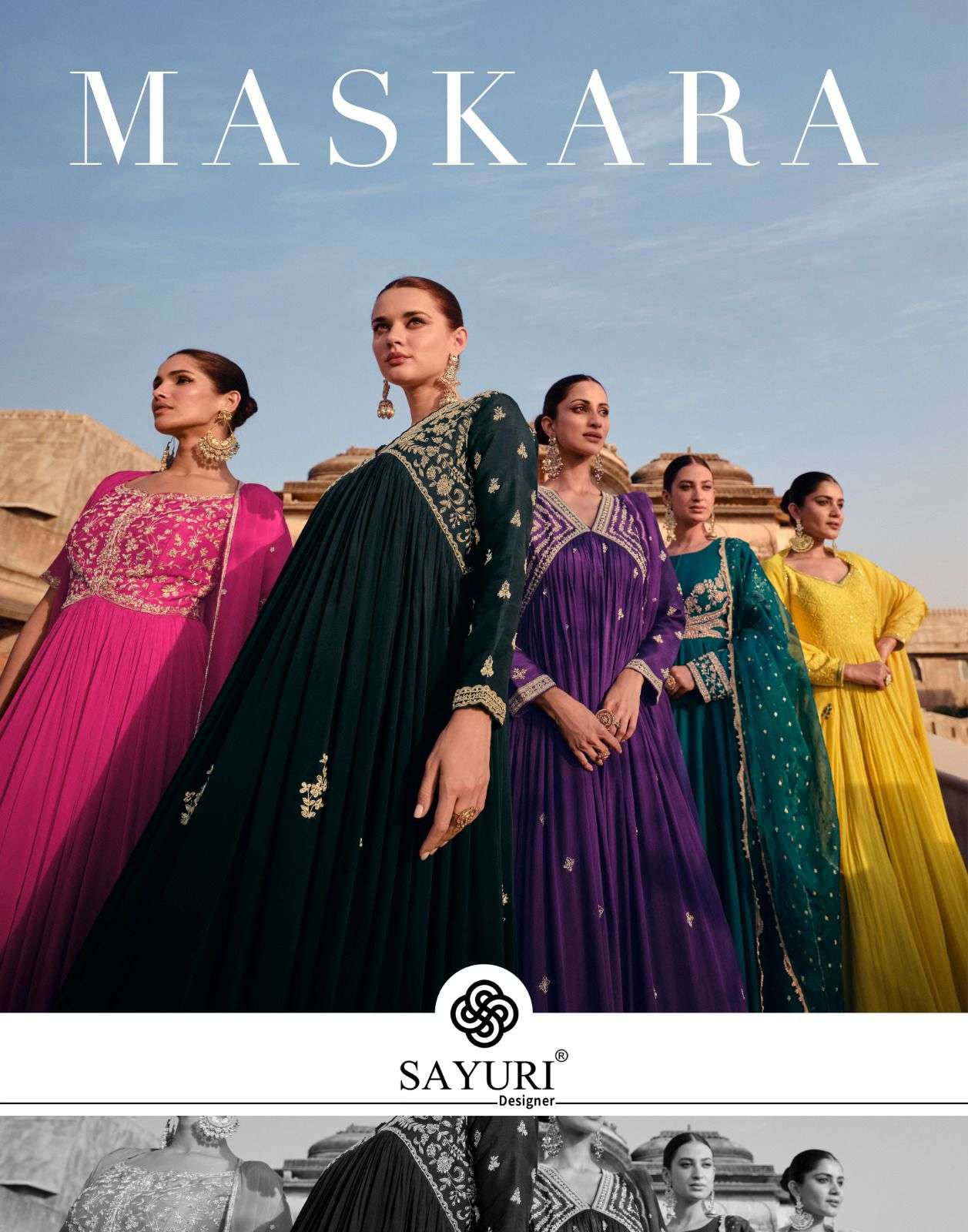 MASKARA BY SAYURI 5400 TO 5404 SERIES CHINON SILK HEAVY EMBROIDERY WORK GOWN & DUPATTAS