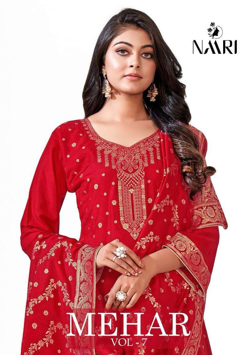 MEHAR VOL-7 BY NAARI 68001 TO 68004 SERIES PURE MUSLIN JACQUARD WORK DRESSES