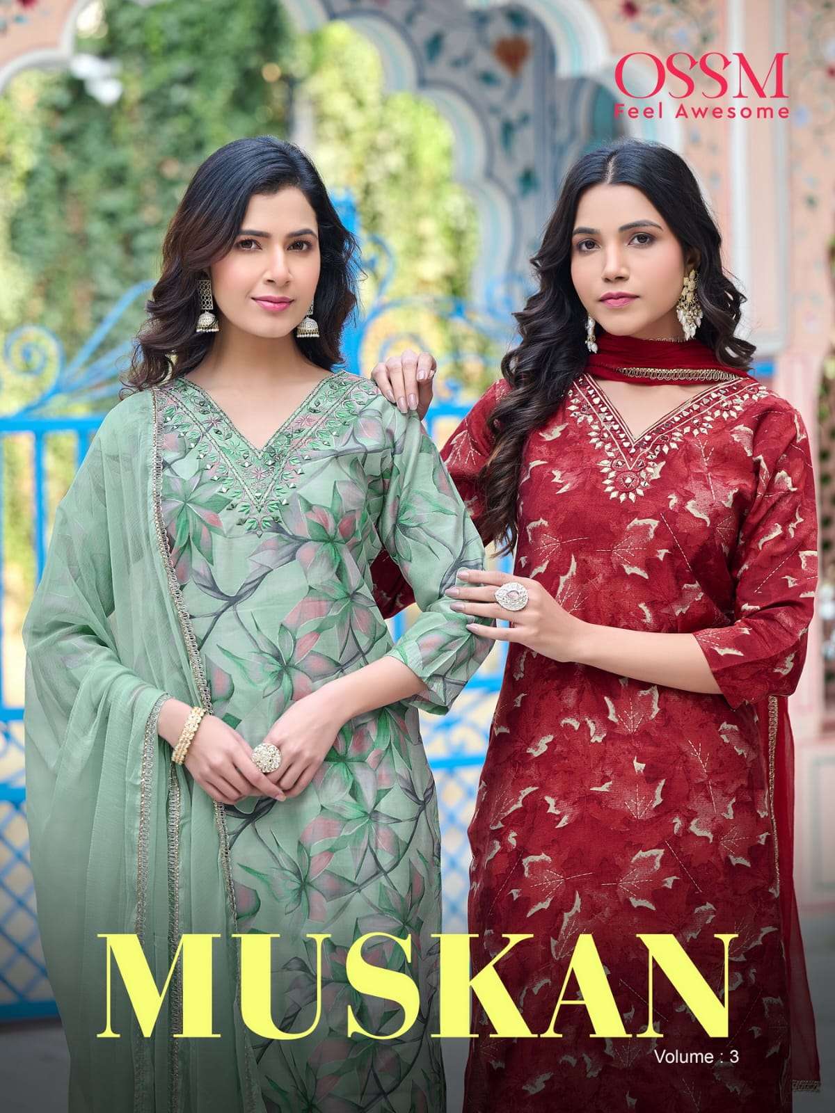 MUSKAN VOL-3 BY OSSM 301 TO 306 SERIES CHANDERI MODAL PRINT WORK READYMADE DRESSES