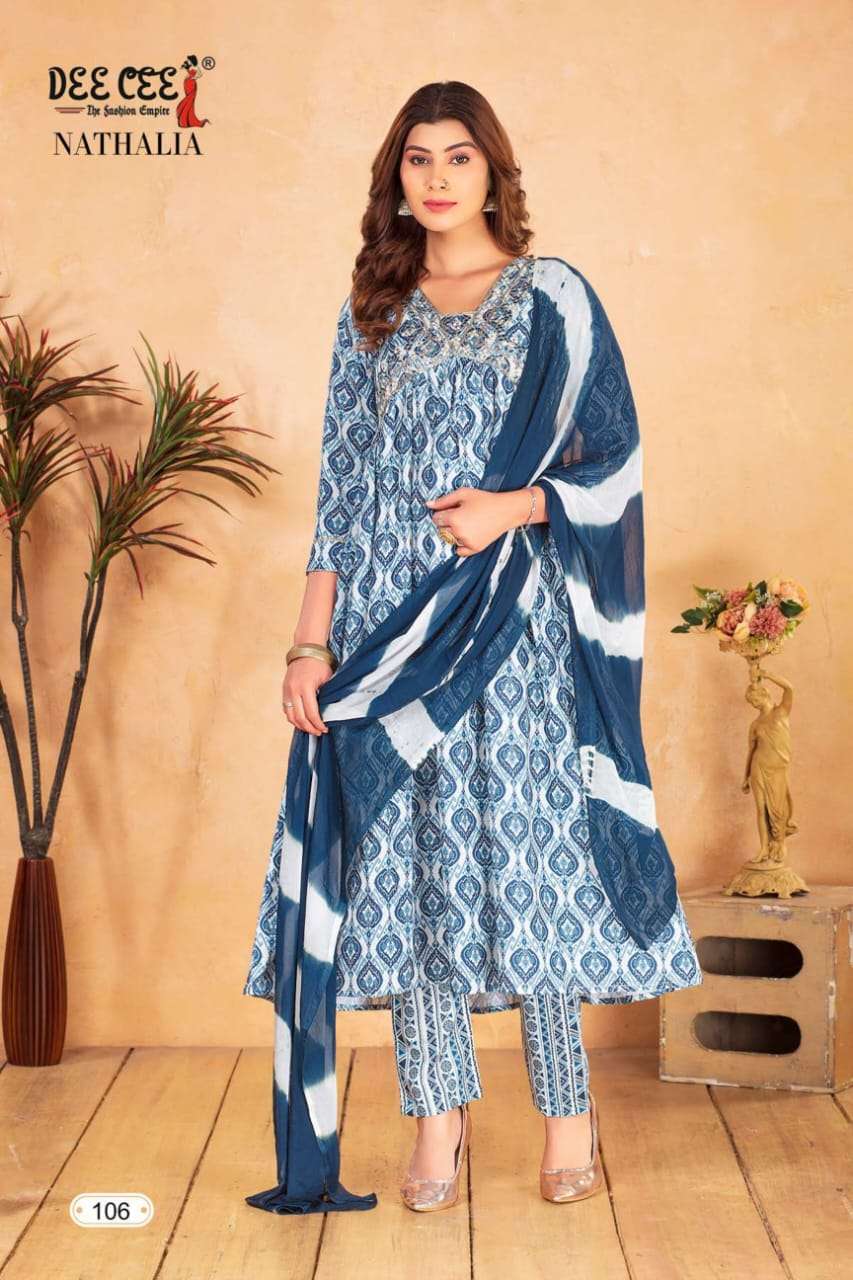 NATHALIA BY DEE CEE 101 TO 106 SERIES HEAVY CHANDERI PRINT WORK READYMADE DRESSES