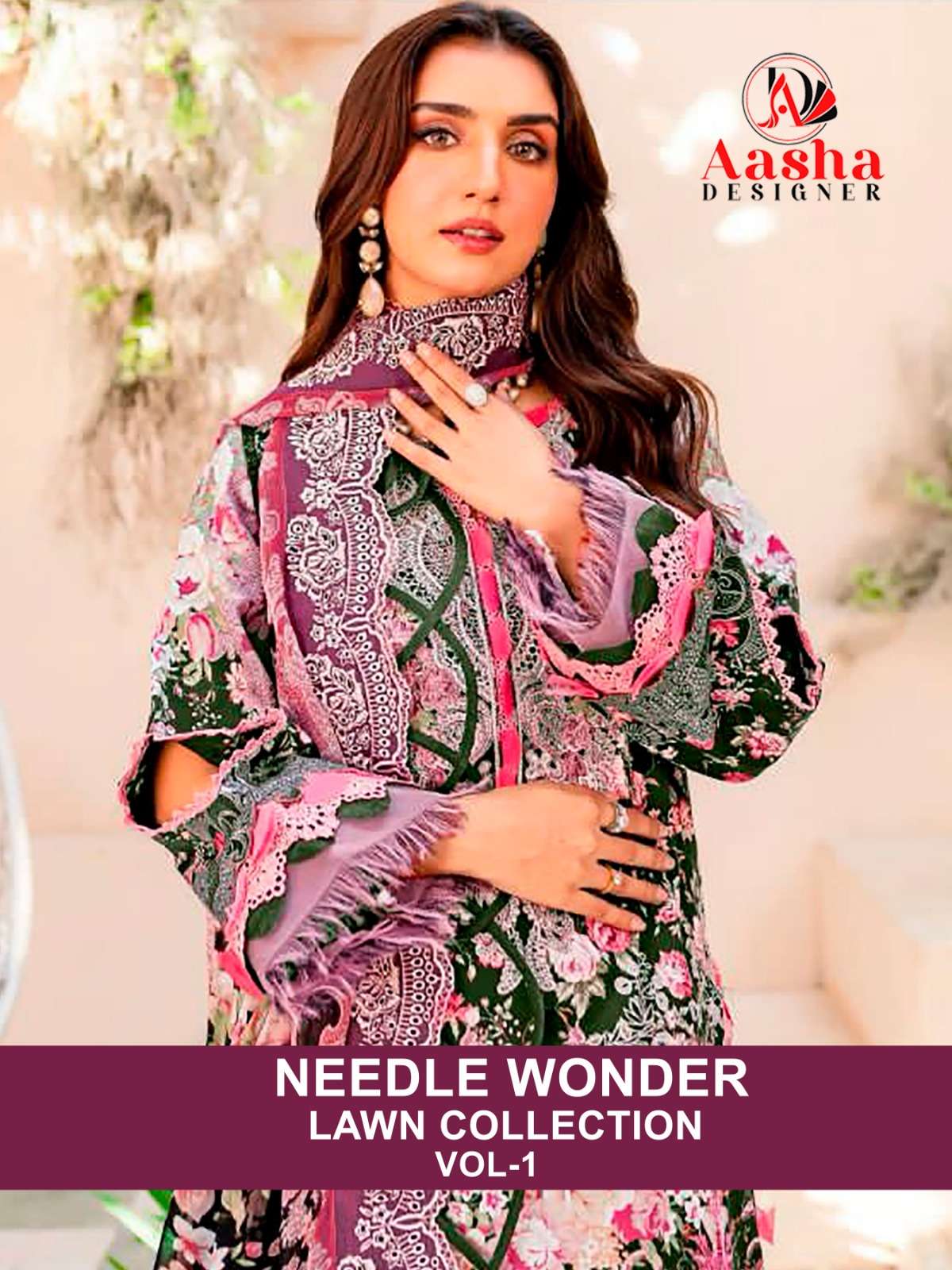 NEEDLE WONDER LAWN COLLECTION BY AASHA DESIGNER COTTON PRINT WORK PAKISTANI DRESSES