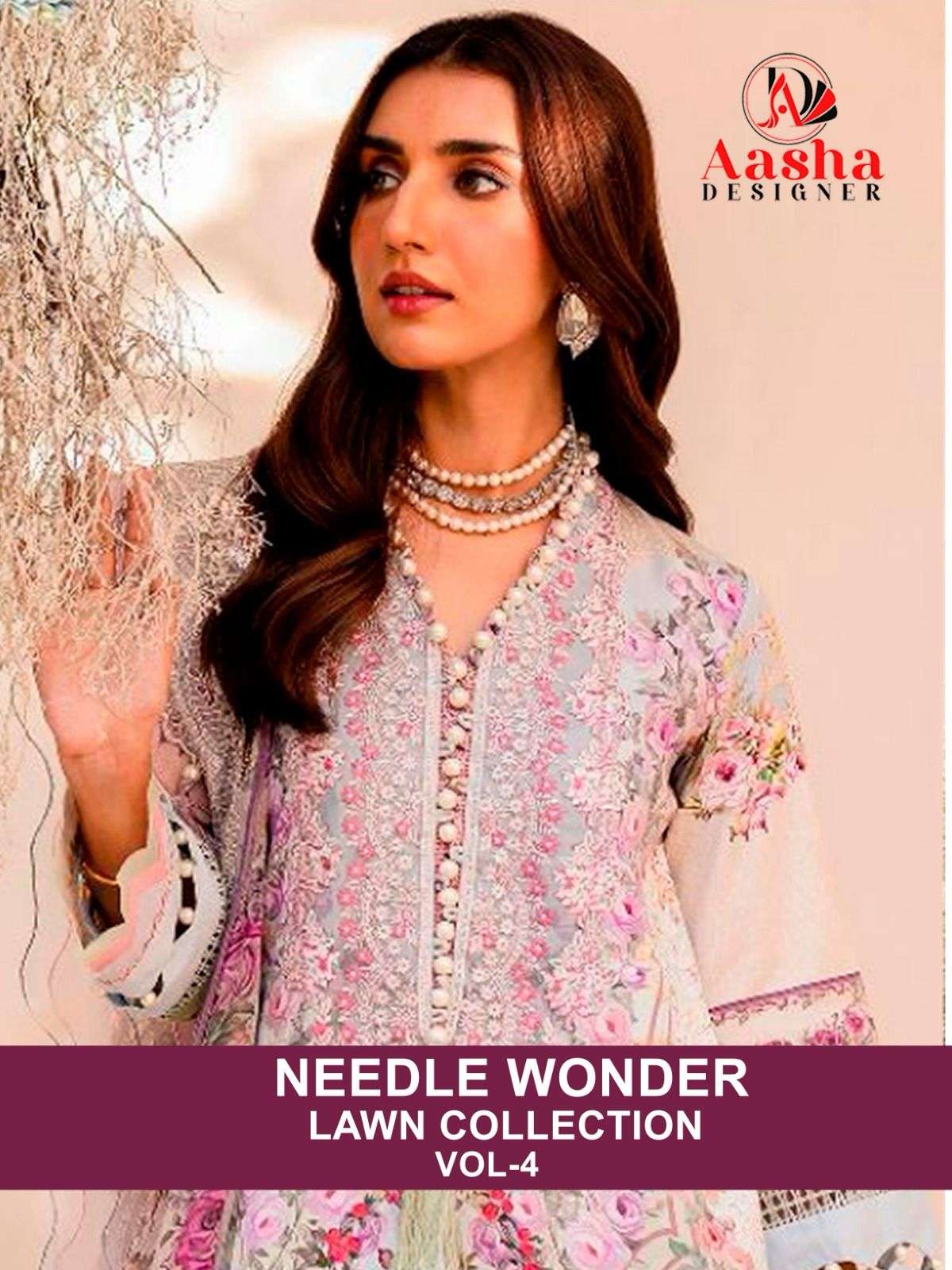 NEEDLE WONDER LAWN COLLECTION VOL-4 BY AASHA DESIGNER PURE COTTON PRINT WORK DRESSES