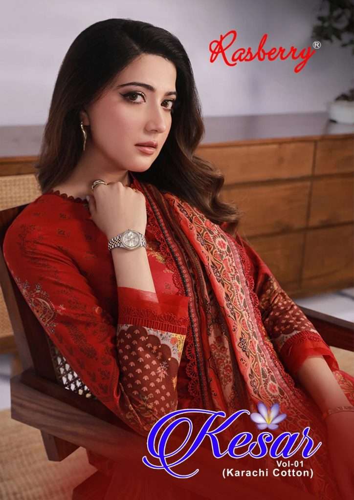 RASBERRY KESAR VOL-1 BY AQSAWHOLESALE 1001 TO 1006 SERIES COTTON PRINT PAKISTANI DRESSES