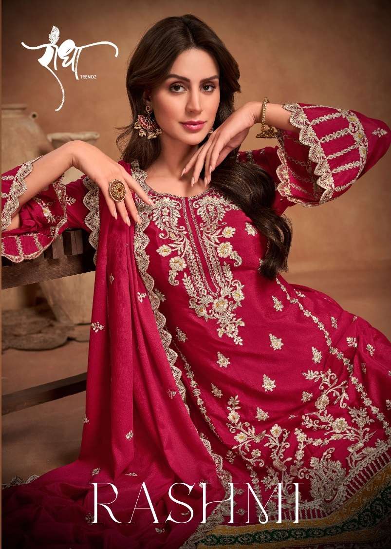 RASHMI BY RADHA TRENDZ 2021 TO 2025 SERIES CHINON HEAVY EMBROIDERY WORK DRESSES