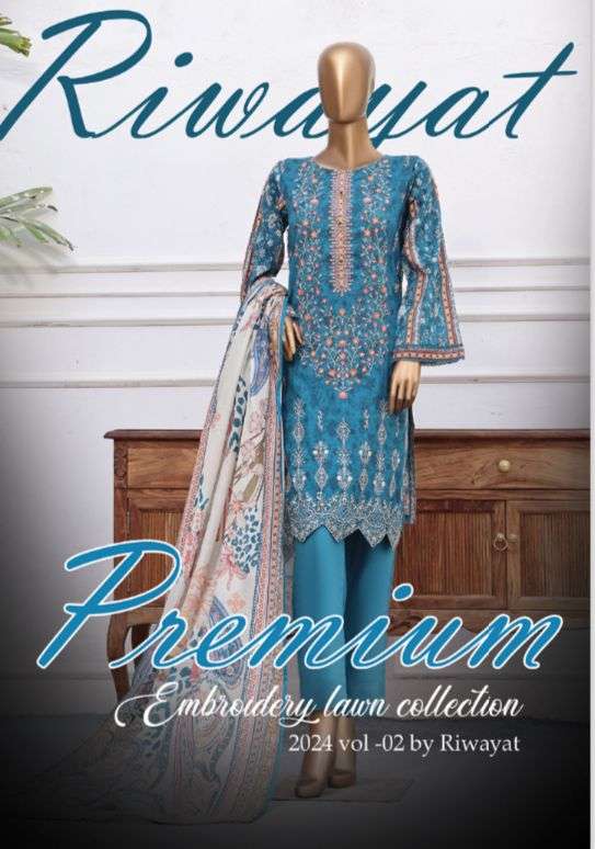 RIWAYAT PREMIUM VOL-2 BY AQSAWHOLESALE LAWN HEAVY WORK PAKISTANI DRESSES